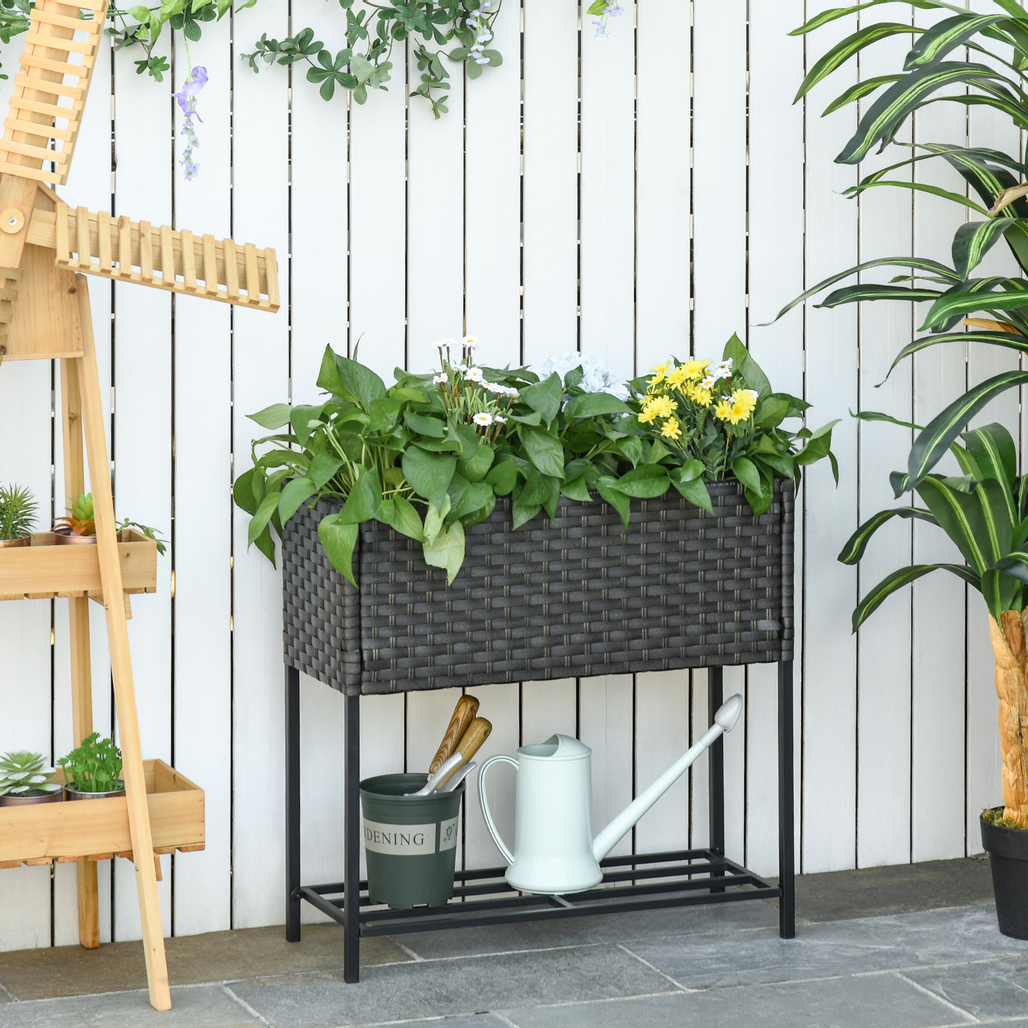 Hochbeet, Blumenkasten, tiefe Ablage, Metallrahmen/Polyrattan, 70 x 30 x 70 cm, Dunkelbraun