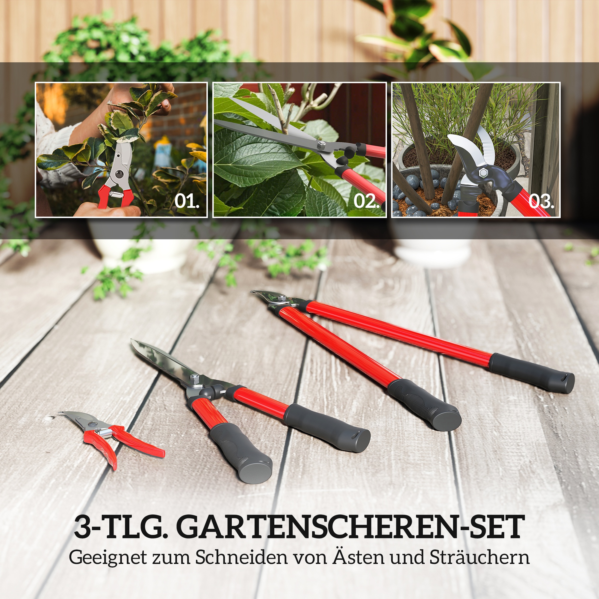 Heckenschere Set 3-teilig Gartenschere Astschere mit Stahlklingen, Griff