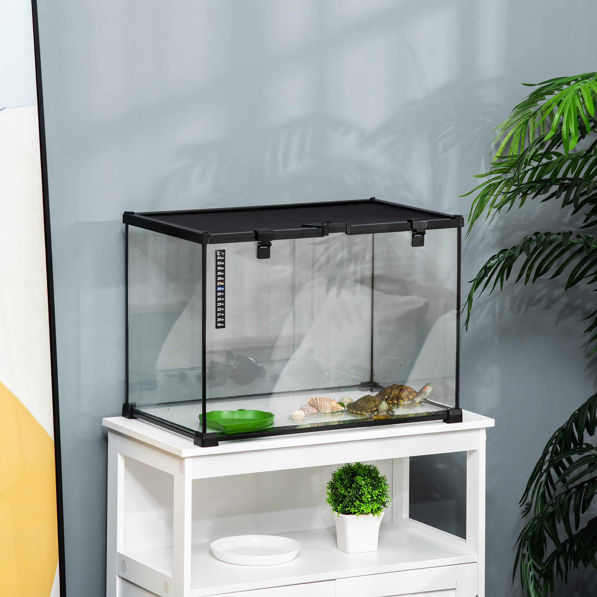 Terrarium für Reptilien Reptile Fütterungsbox Glasterrarium Amphibien Spinnentiere mit Thermometer Reptilienzuchtbox für Schnecken Amphibien Insekten Schildkröten Schwarz 50 x 30 x 35 cm