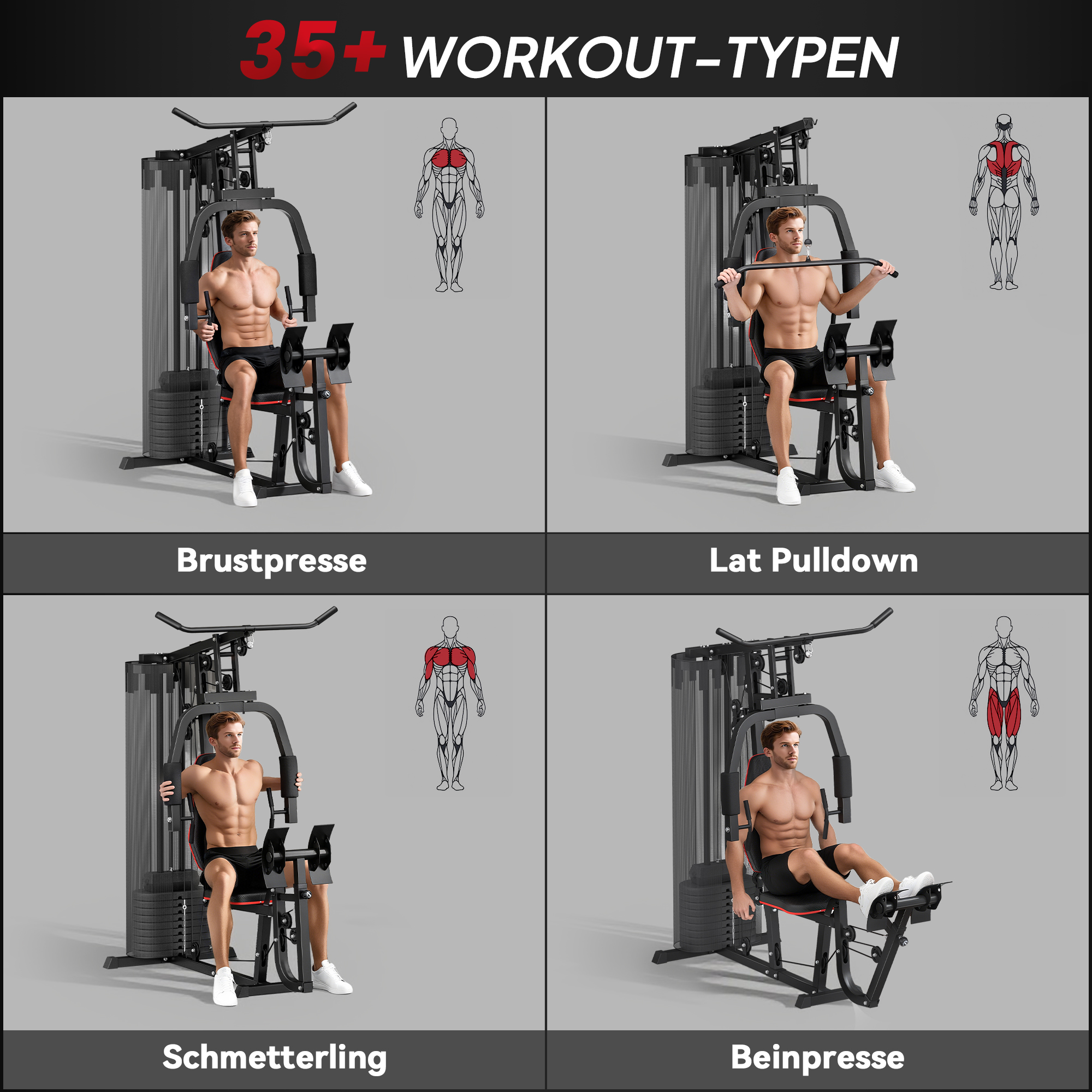 Heim-Fitnessstation mit 45 kg Gewichtsblöcken, Hochseilzug, Bruststation, Beinpresse für vielseitiges Training