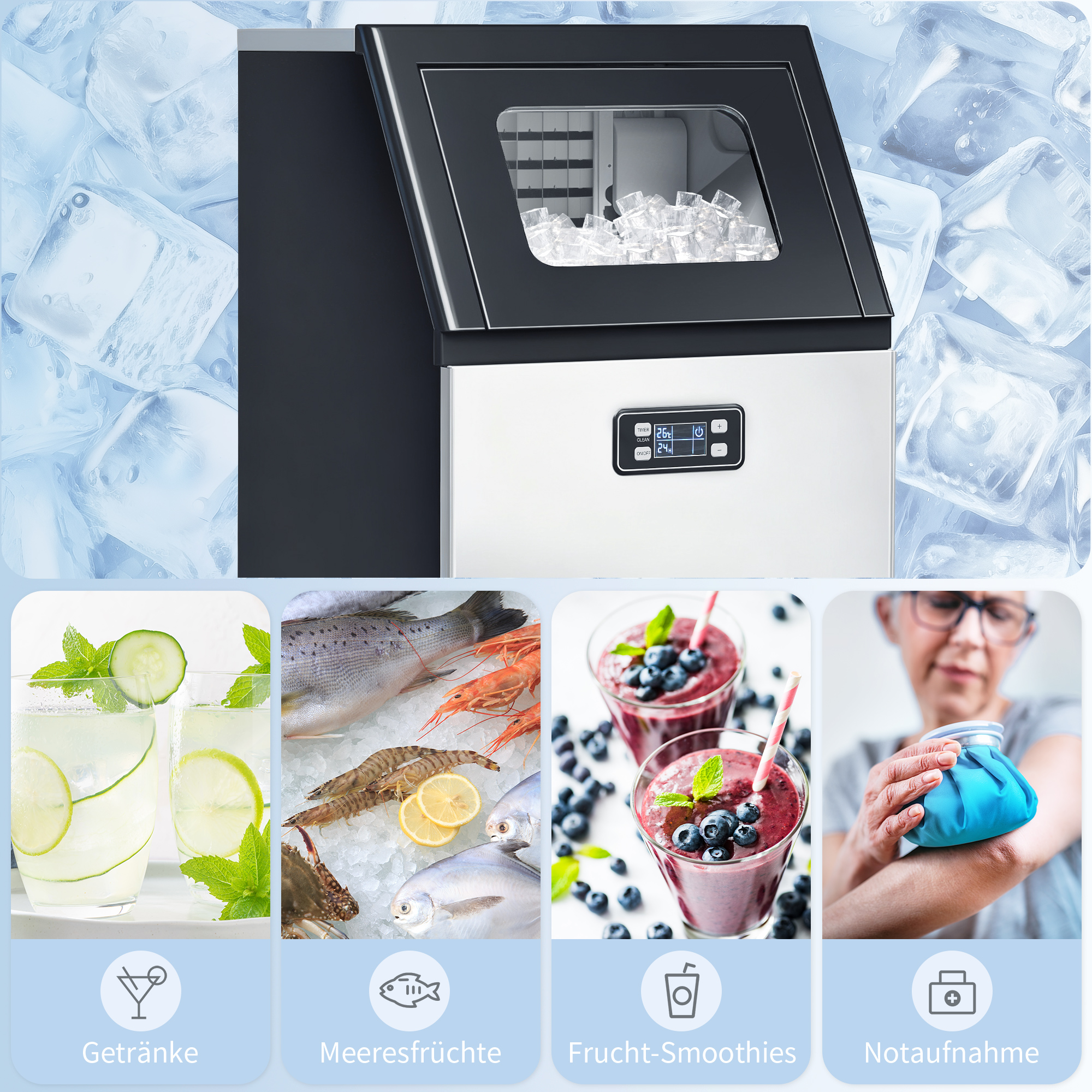 kommerzielle Eiswürfelmaschine 45 kg/24h, Eismaschine mit 11 kg Speicher, LCD-Anzeige, für Restaurant