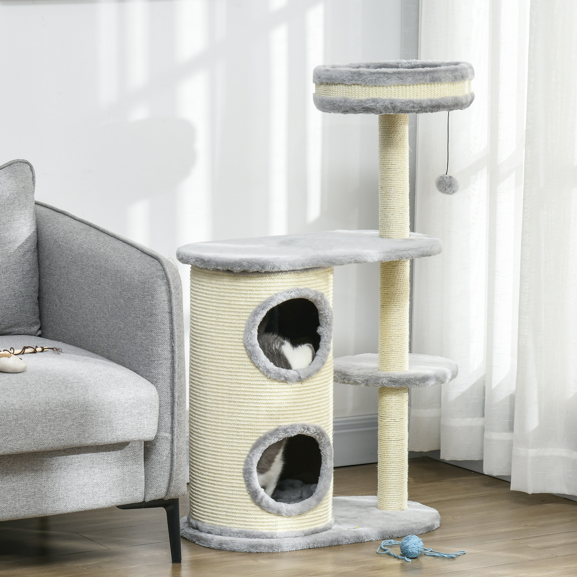 Kratzbaum für Katzen, Sisal-Seilpfosten, weicher Plüsch, mehrstufig, Ballspielzeug, Grau, 59x35x100 cm