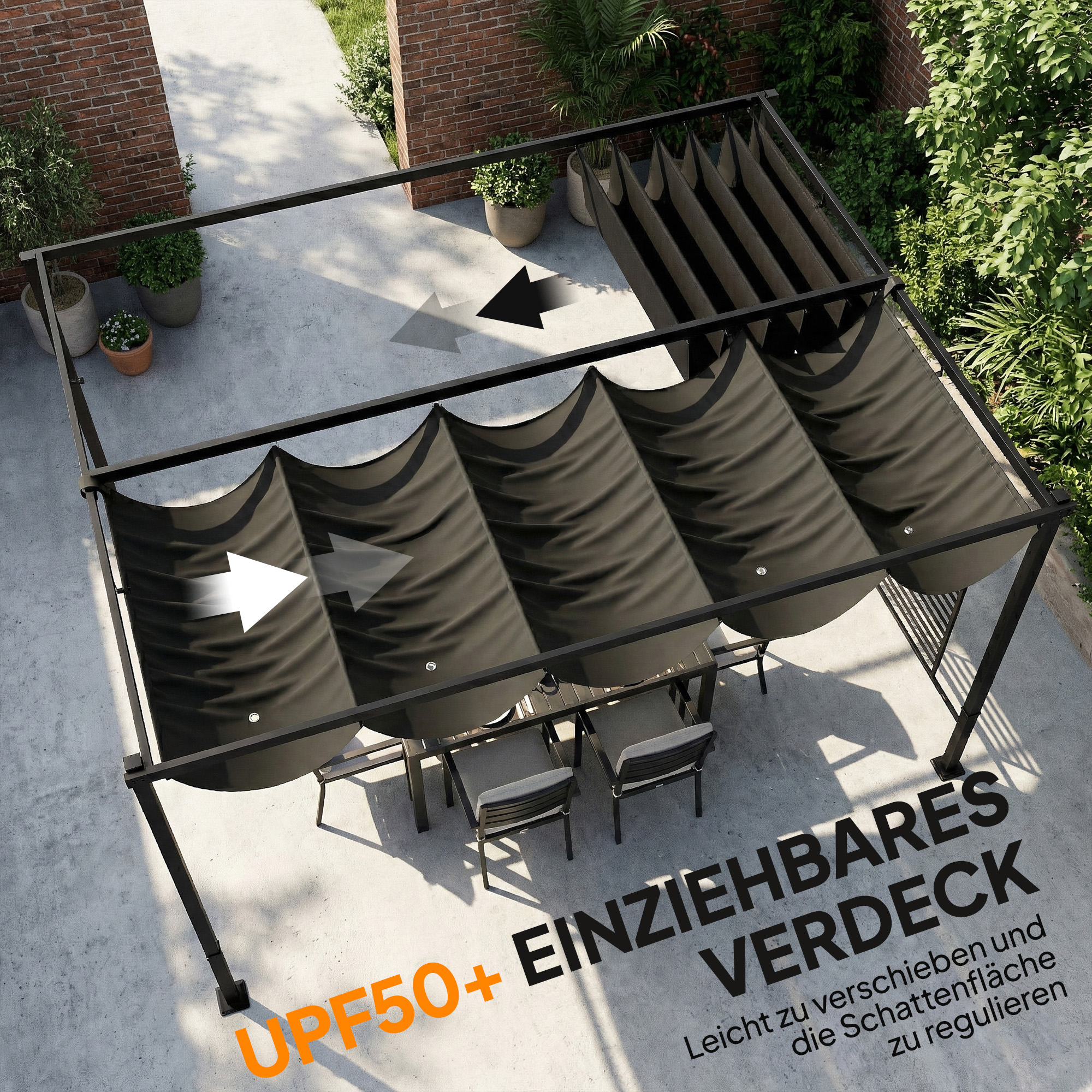 Pergola 3,87 x 2,97 m Terrassenüberdachung mit Schiebedach, 2 Sichtschutz, UV 50+ Dunkelgrau