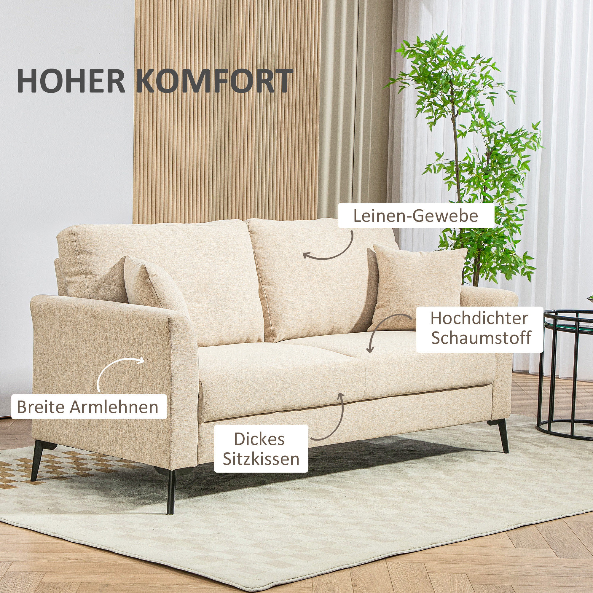 2-Sitzer Sofa mit Leinenoptik, dicke Polsterung, bis 360 kg, 179 x 80 x 89 cm, Beige