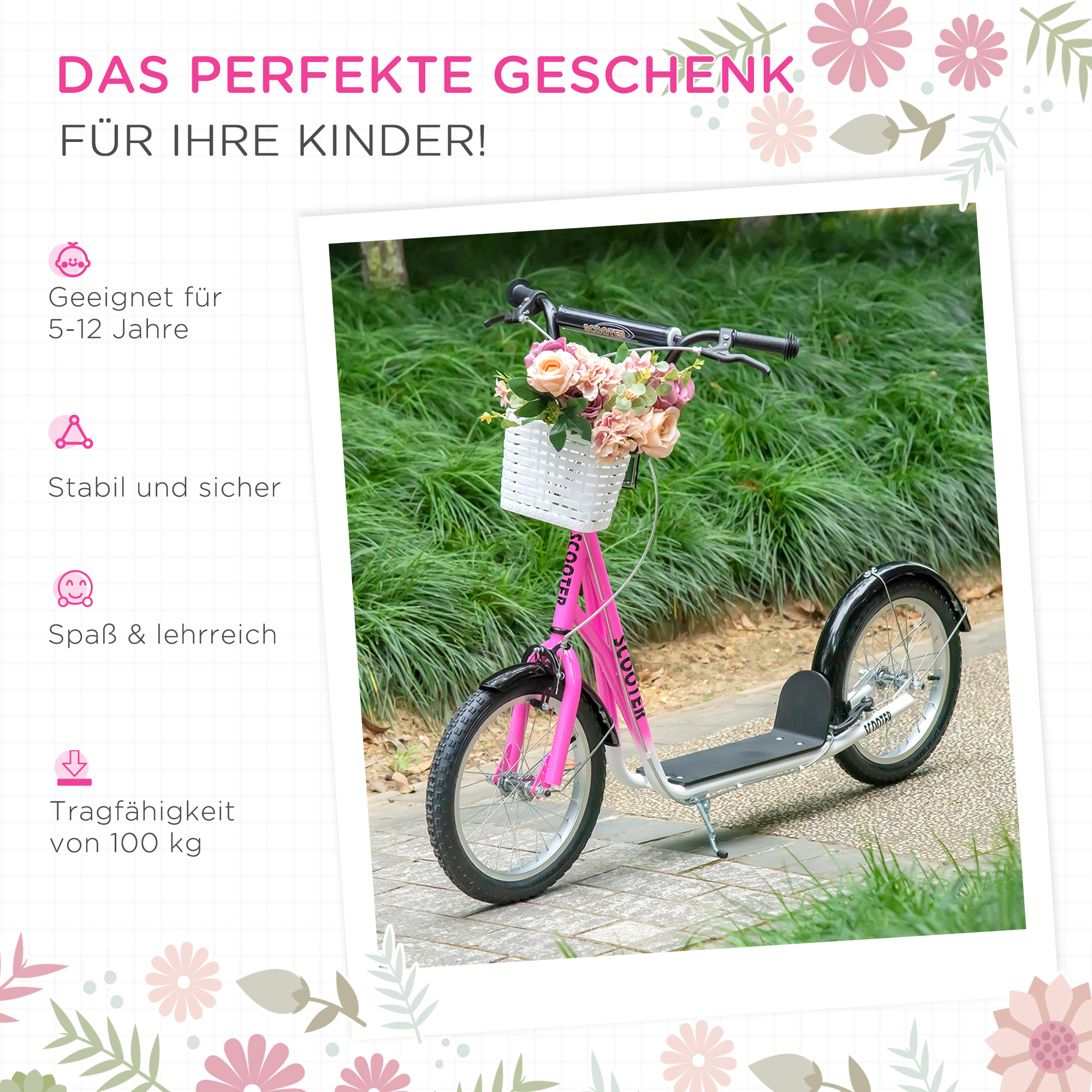 Kinderroller Tretroller mit Bremse, inkl, Korb, höhenverstellbar, für Kinder von 5 bis 12 Jahren, Weiß + Pink