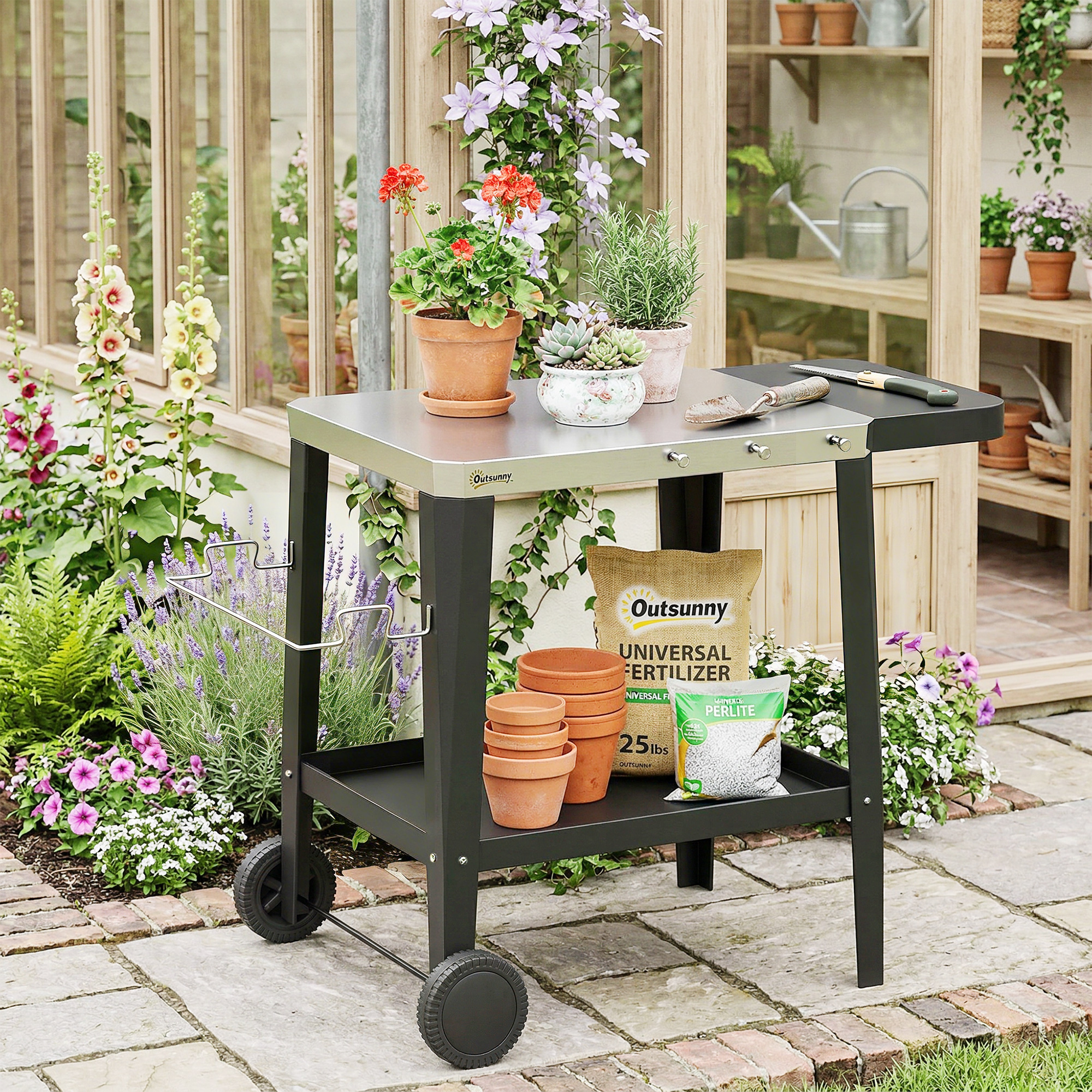 Küchenwagen mit Rollen Servierwagen mit Haken Papierrollenhalter Müllsackständer Edelstahl 115 x 67,5 x 80,5 cm Schwarz