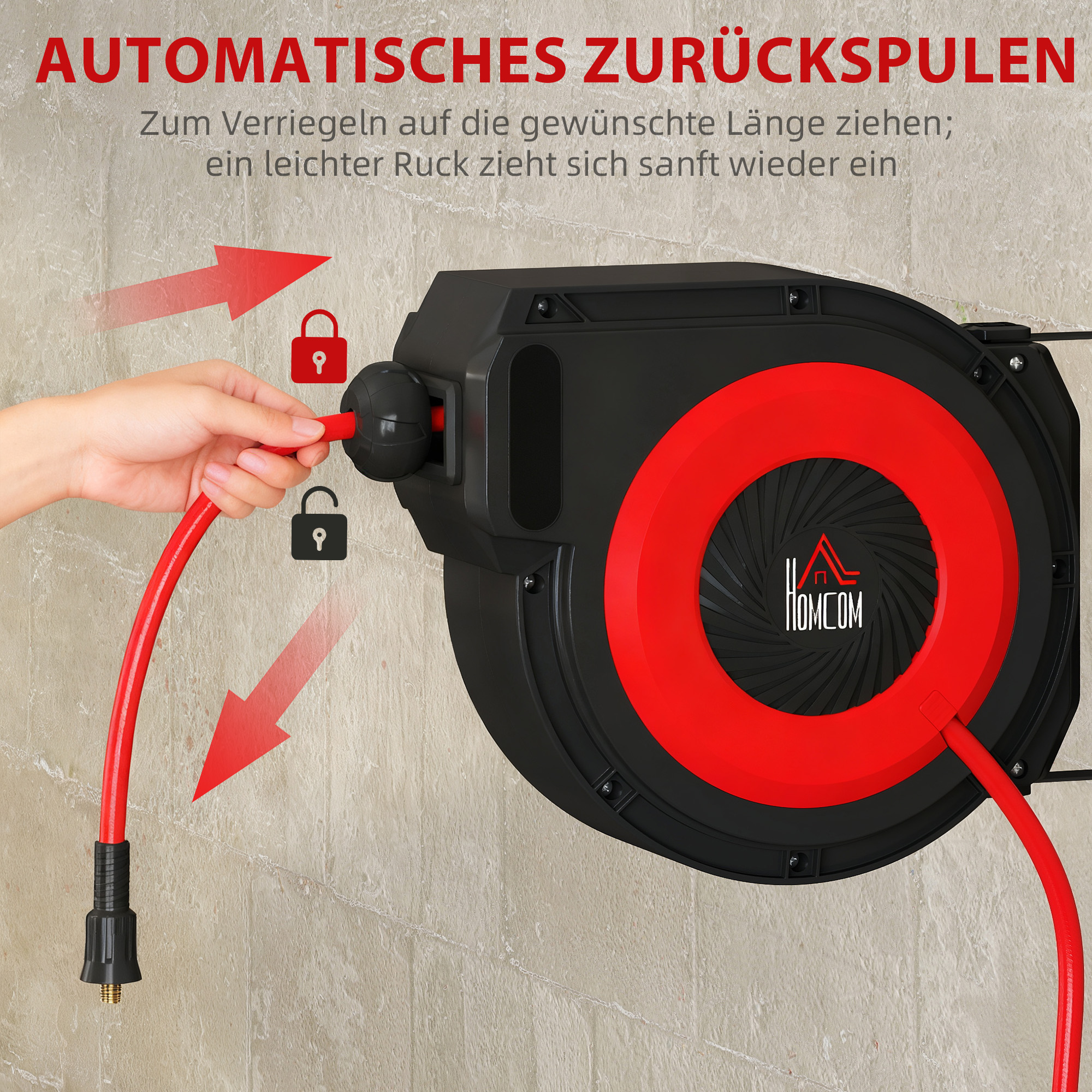 Schlauchtrommel mit Einzugs-Mechanismus, 16,5 m langer Schlauch, Wandmontage, Rot+Schwarz