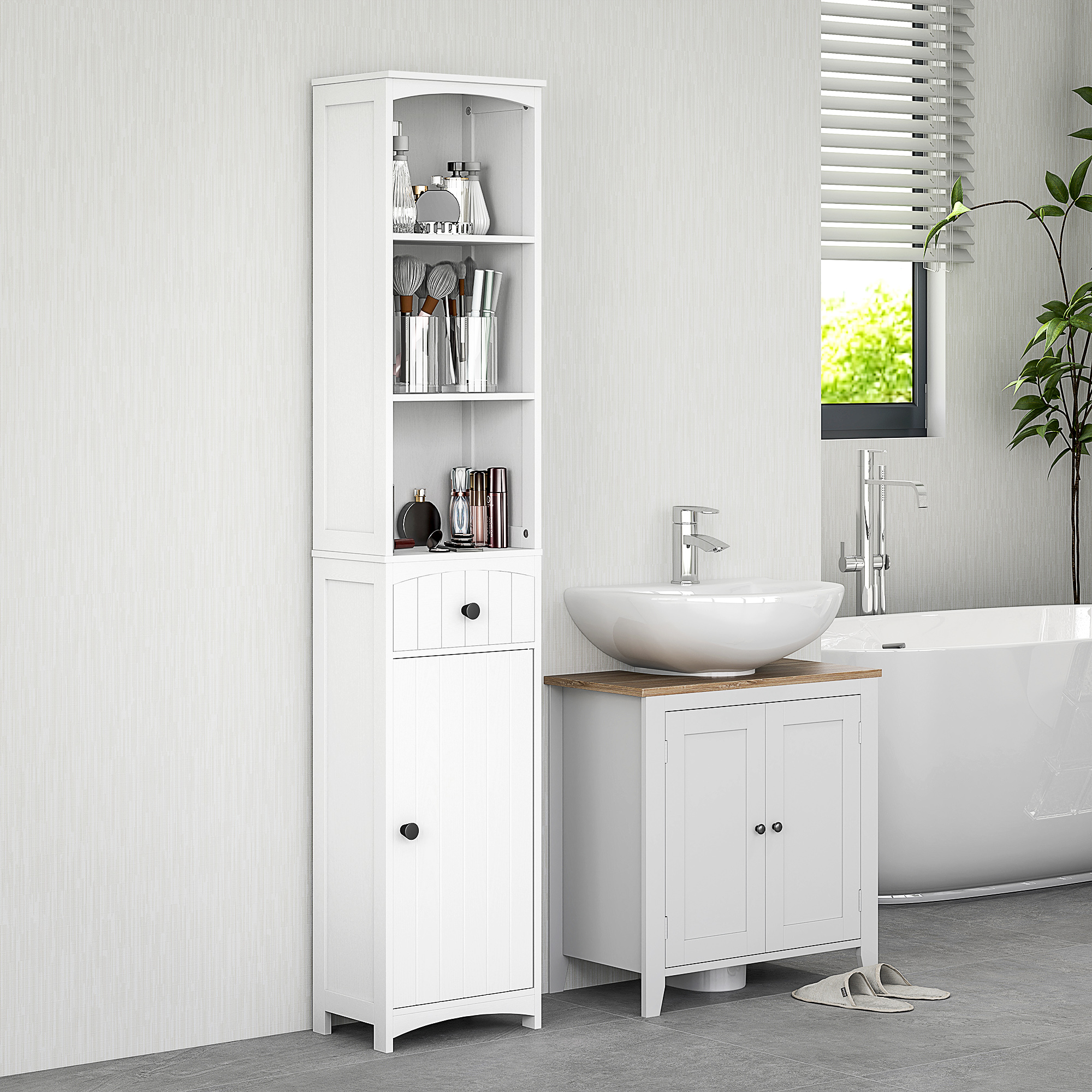 Badezimmerschrank mit 3 Regalen, 1 Schublade, robust, MDF, Weiß