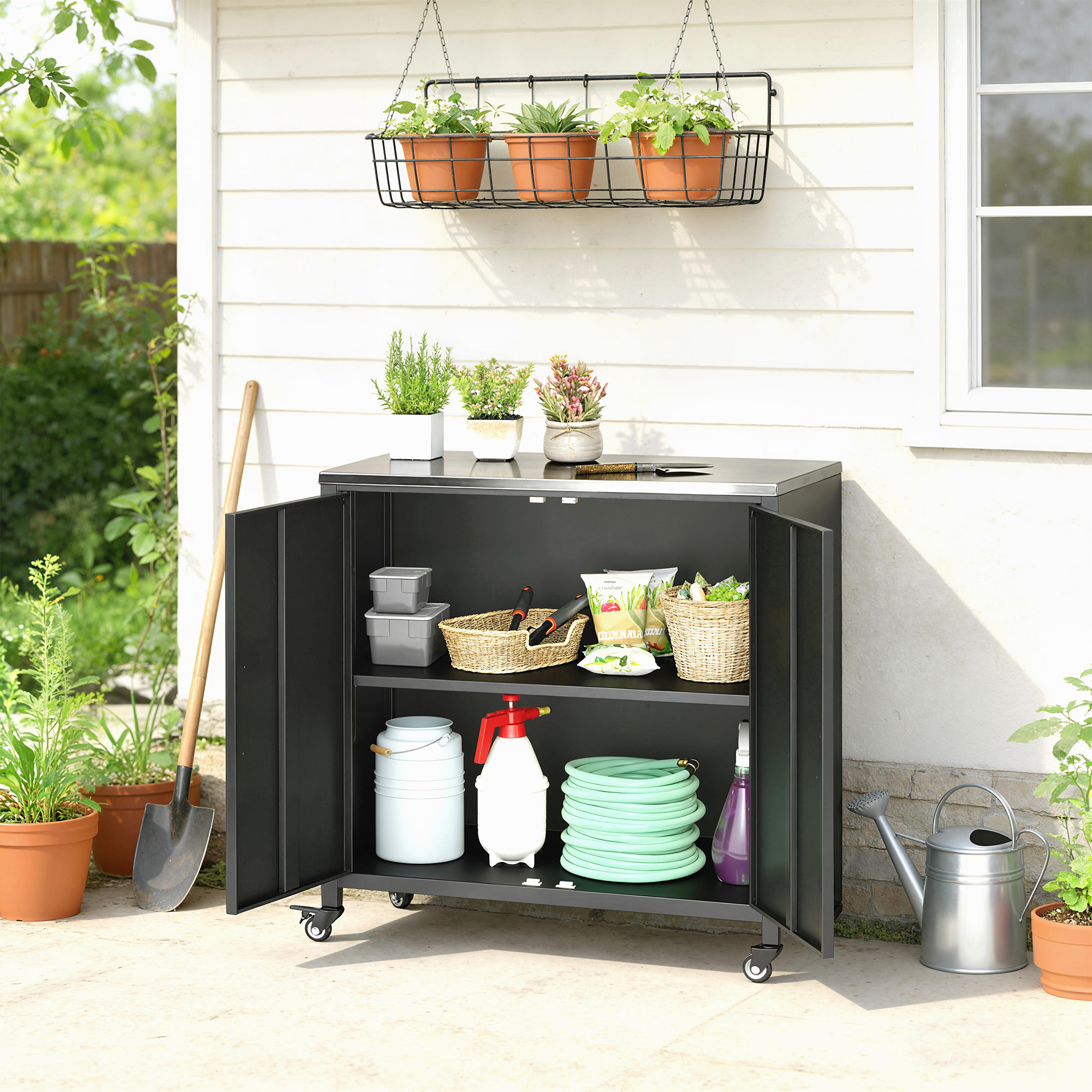 Gartenschrank mit Pflanztisch Geräteschuppen mit Edelstahl Arbeitsplatte abnehmbar Regal magnetisch Doppeltür Rolle