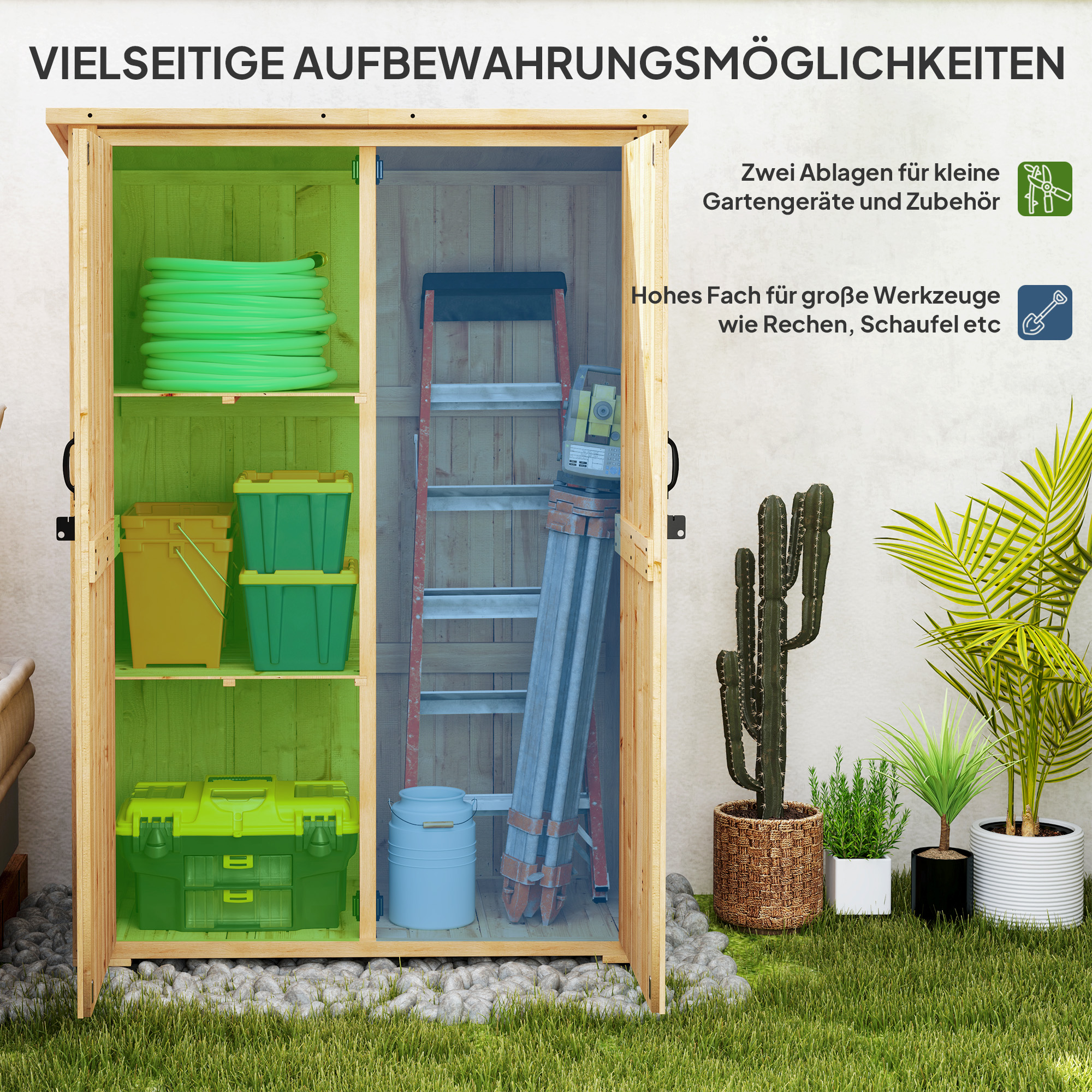 Gartenlagerschuppen, Holzschuppen für Werkzeug und Gartengeräte, Asphalt-Dach, Doppeltüren, Fichtenholz, Hellbraun