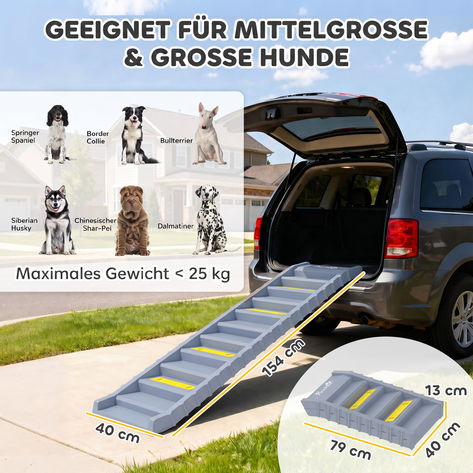 Hunderampe Auto klappbar Hundetreppe mit 10 Stufen Rutschfester Oberfläche, 154x40cm für groß Hunde bis 25kg