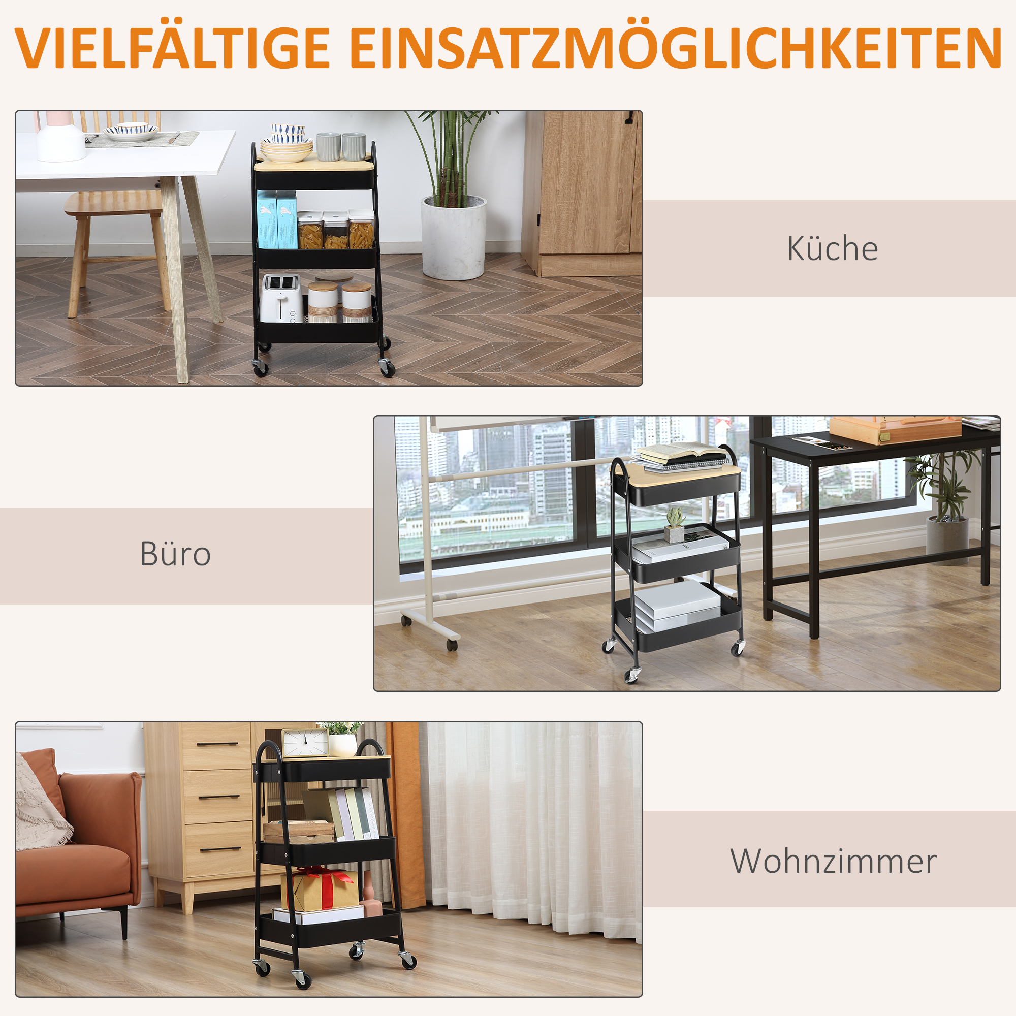 Rollwagen, Servierwagen mit 3 Korbböden, Metall, Kunststoff, Schwarz