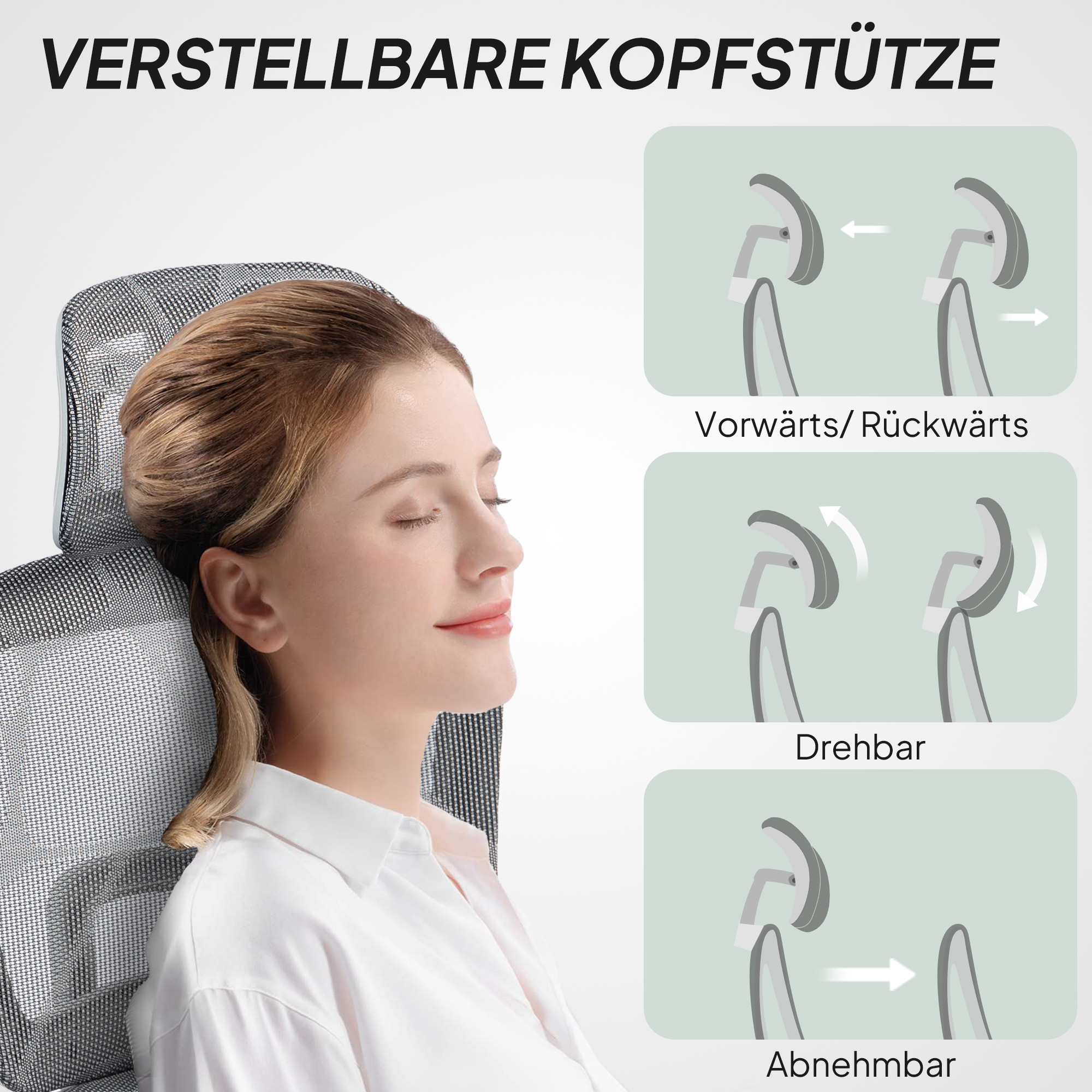 Bürostuhl, ergonomischer Schreibtischstuhl mit Netzstoffbezug, verstellbar, rollbar, mit Armlehnen, Kopfstütze, Grau