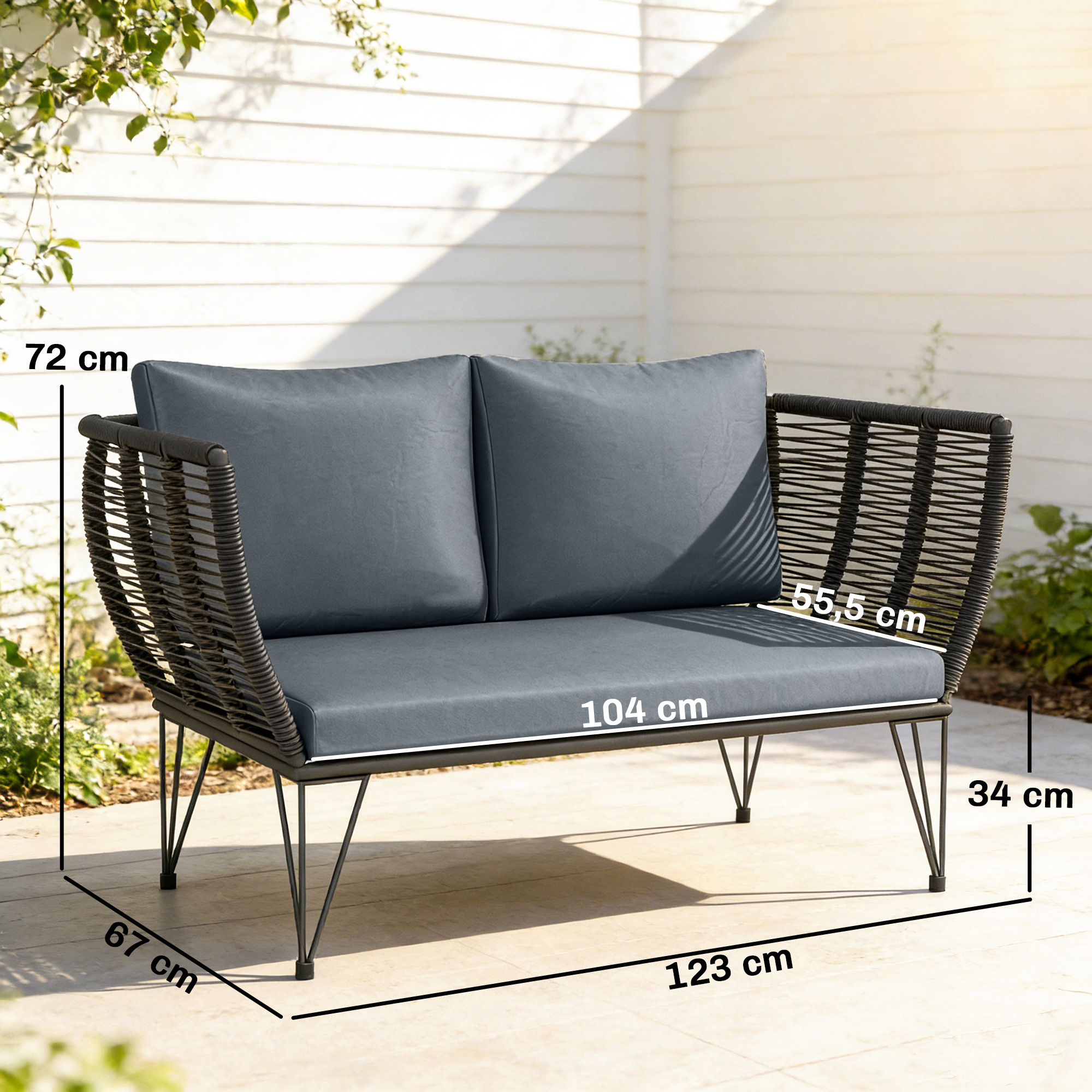 Gartensofa mit Kissen 2-Sitzer Sofa Outdoor Balkon Sofa Rattansofa Polyrattan Gartenmöbel 123 x 67 x 72 cm Hellgrau