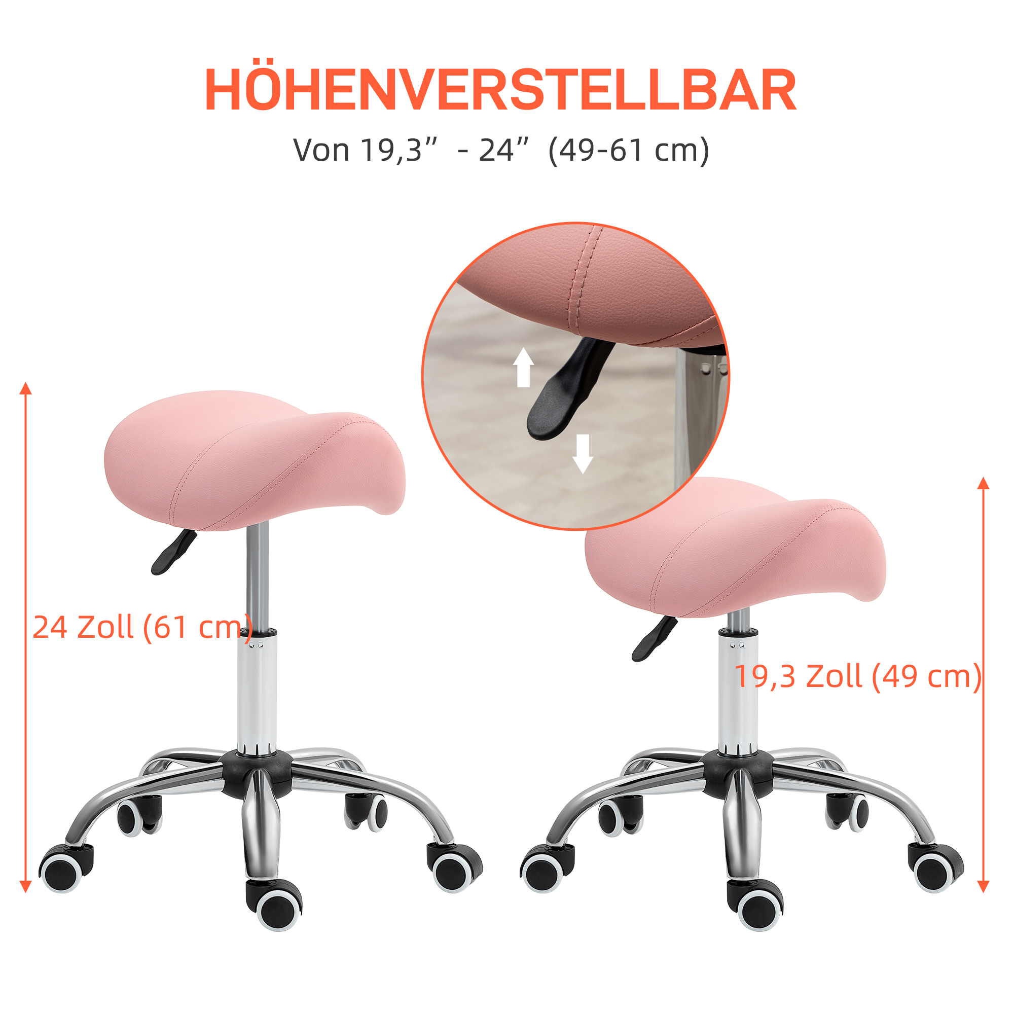 Rollhocker höhenverstellbar 49-61 cm Arbeitshocker 360° drehbar Hocker Bürohocker für Büro Salon Massage Spa Rosa