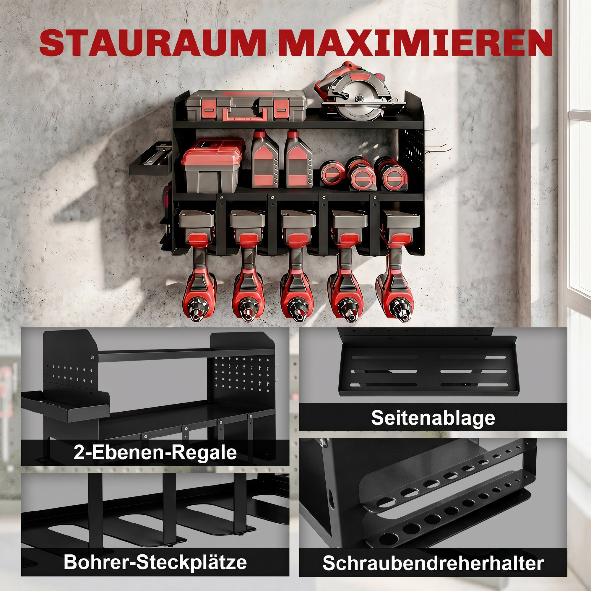 Gartenwerkzeug-Organizer 2-stufig Gartengeräte Ständer mit Haken Seitenfach bis 50 kg 61,8 x 23 x 32,7cm Schwarz