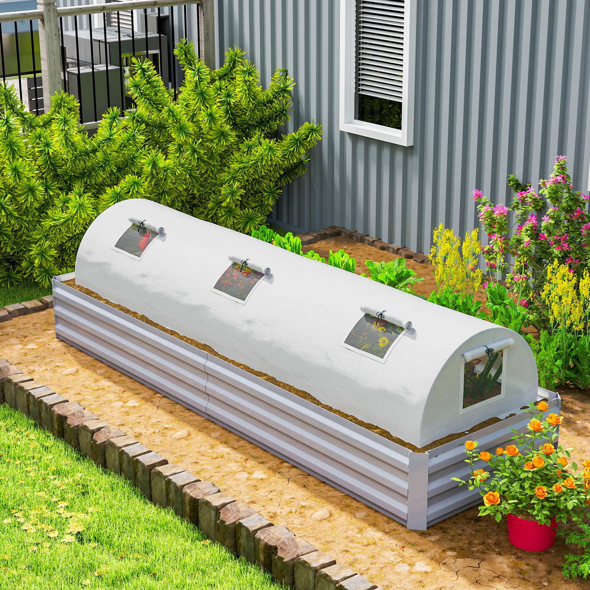 Foliengewächshaus, Mini-Tunnelgewächshaus mit Netz-Fenster, UV-beständig, Kunststoff-Folie, 300 x 80 x 45 cm, Weiß