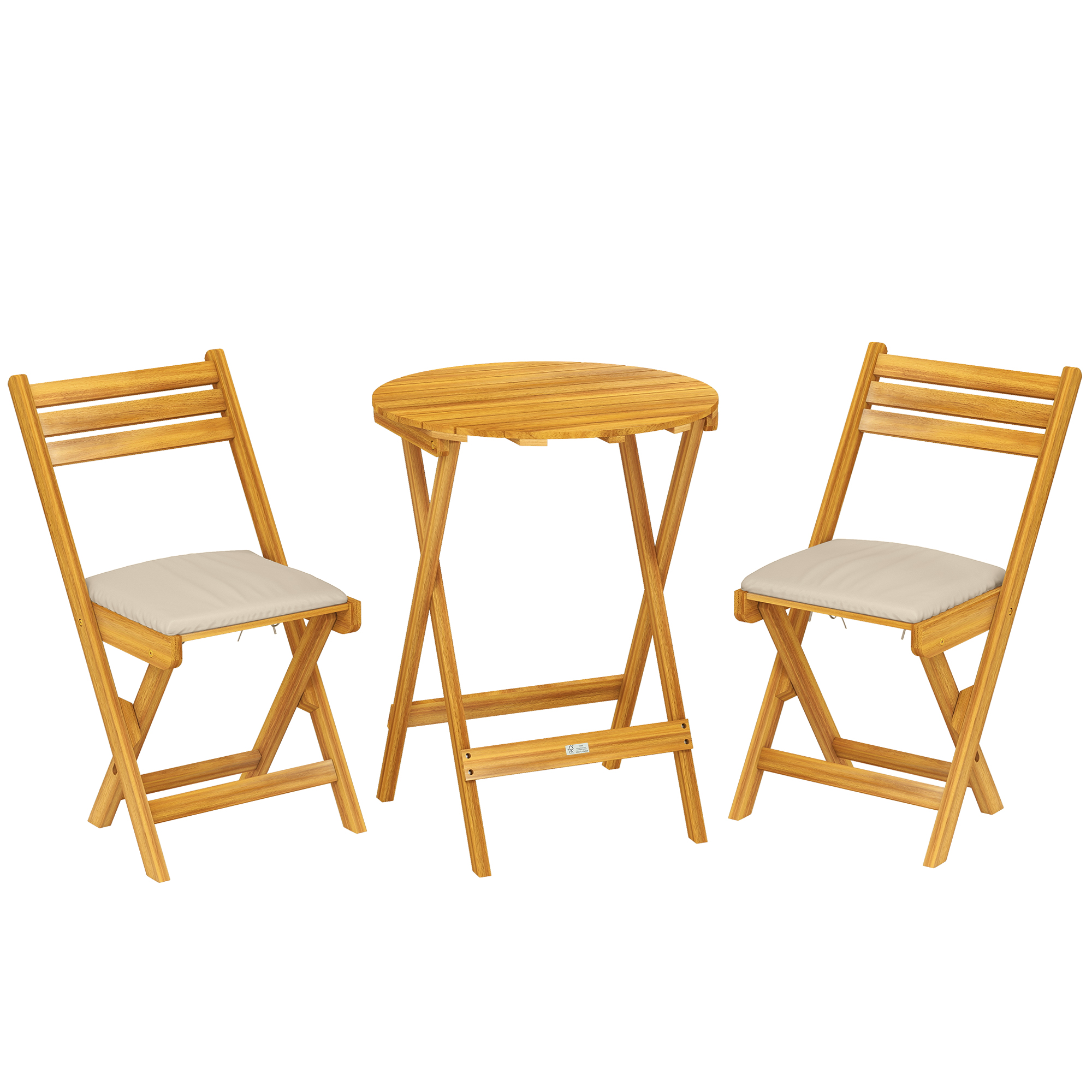 Balkonmöbel Set 3 teilig FSC Holz klappbar Gartenmöbel Set mit runder Tisch 2 Stühle Sitzkissen Atmungsaktiv Lamellsitz