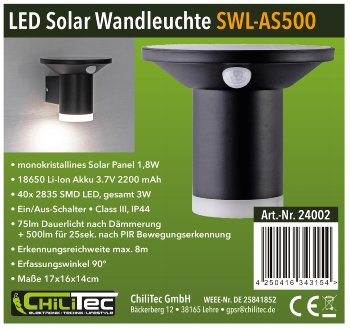 LED Solar Wandleuchte "SWL-AS500" / IP44, warmweiß 3000K, PIR Sensor