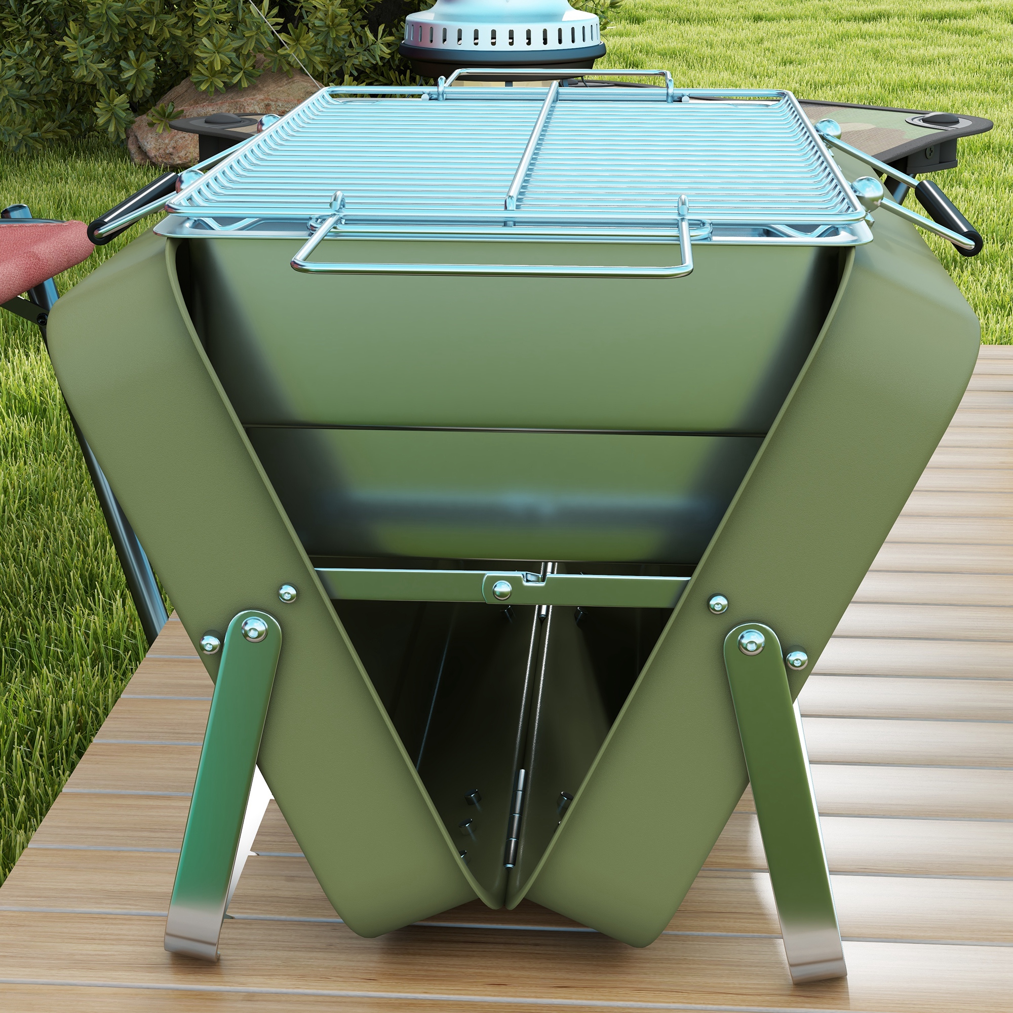 Koffergrill, Mini-Kohlegrill, klappbar, mit Kohleschale und Ascheauffangschale, Metallgehäuse, Grün
