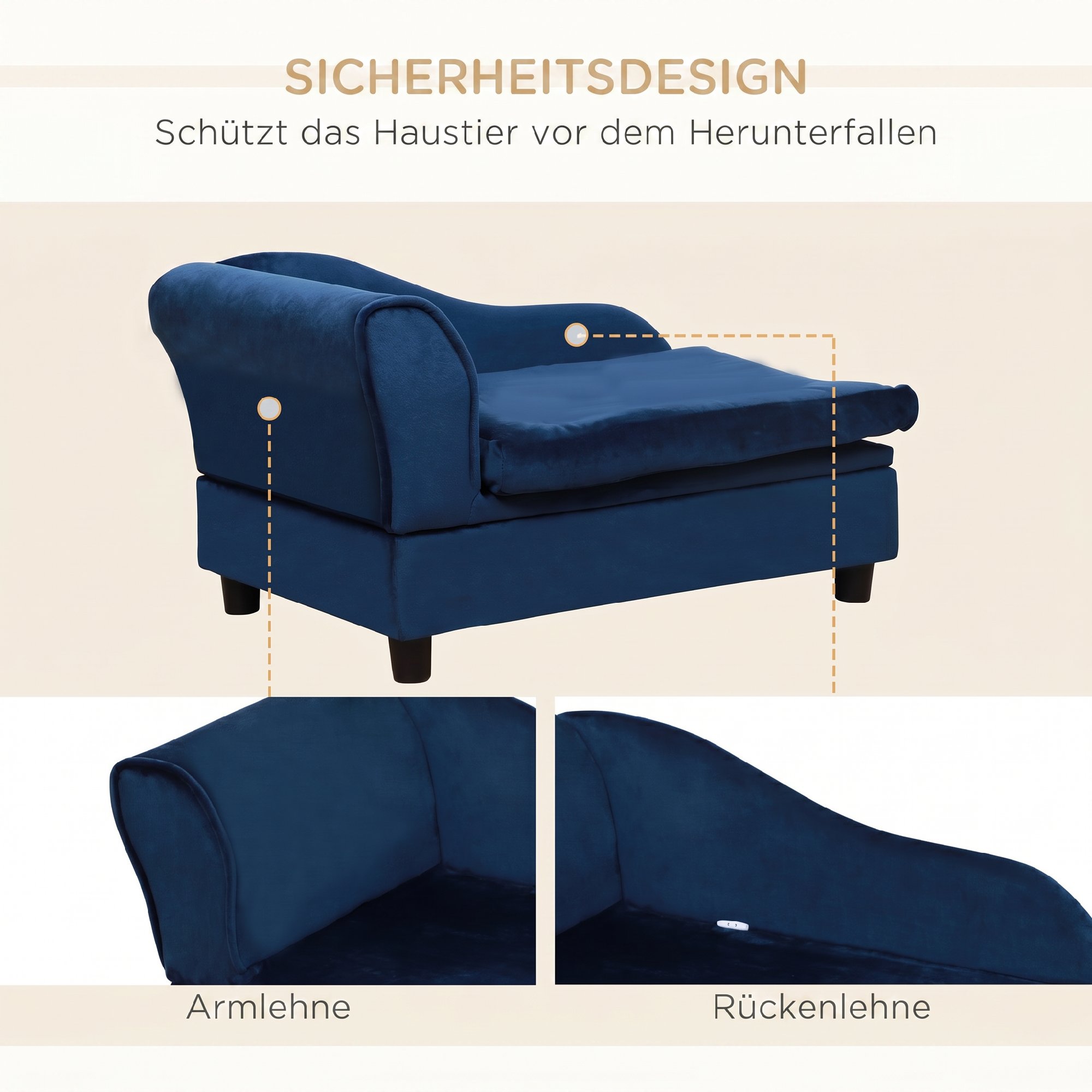 Haustiersofa mit Stauraum, weichem Kissen, bis 15 kg Tragkraft, Plüschbezug, Hartholzrahmen, Blau