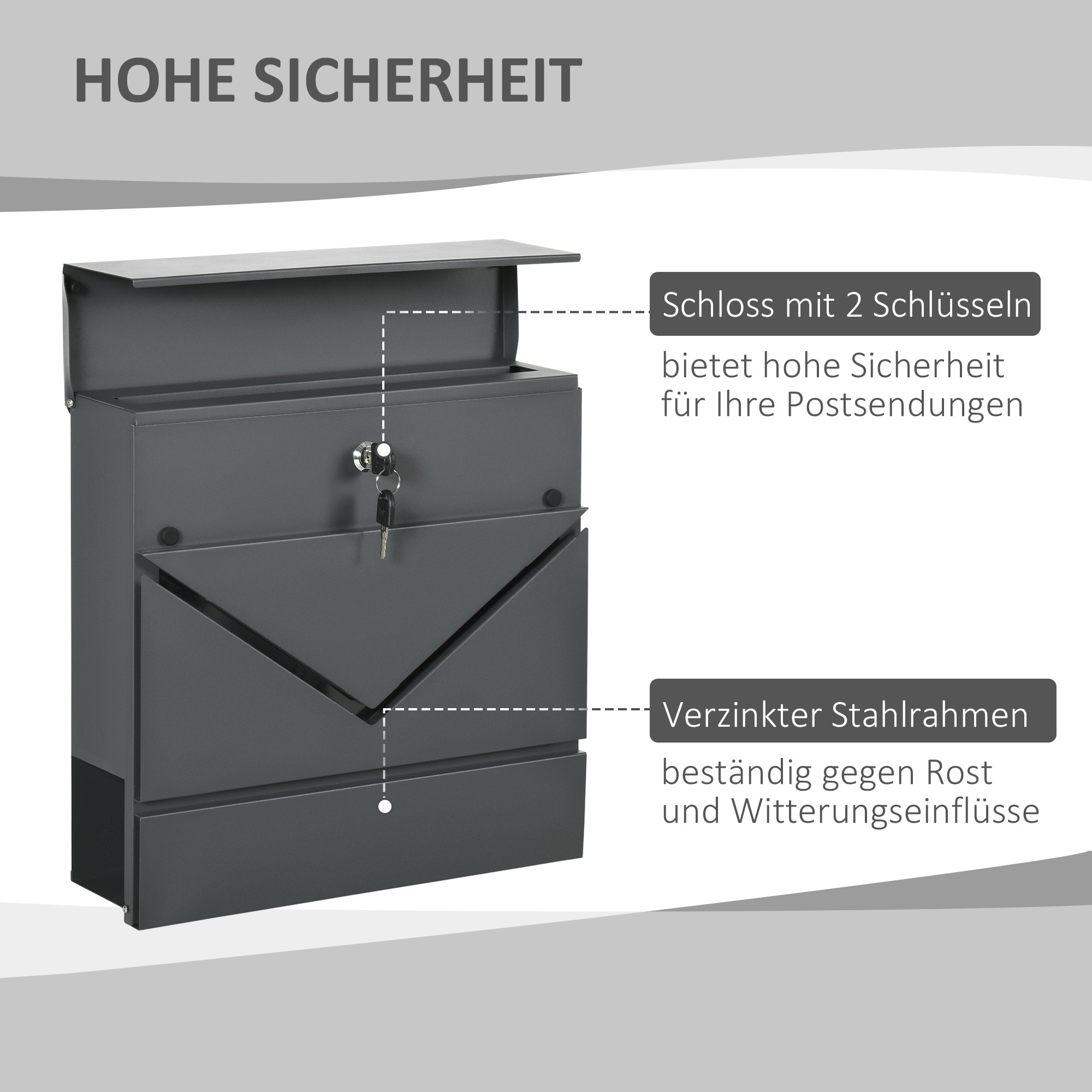 Briefkasten mit Deckel, 2 untere Abflusslöcher, Stahl, mit Schloss, Grau