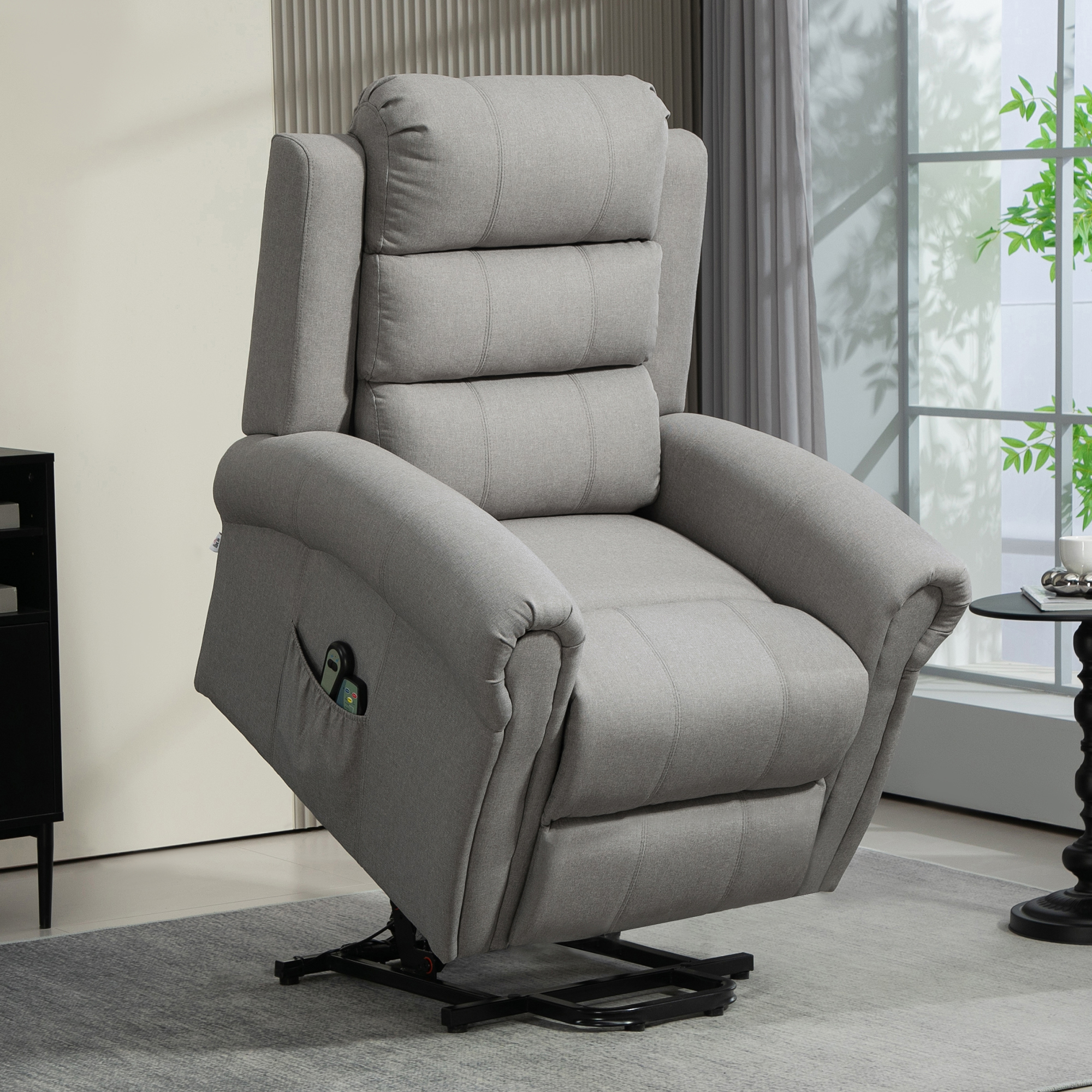 Relaxsessel mit Aufstehhilfe, 8 Massagepunkte, beheizbare Rückenlehne, Leinenoptik, Hellgrau