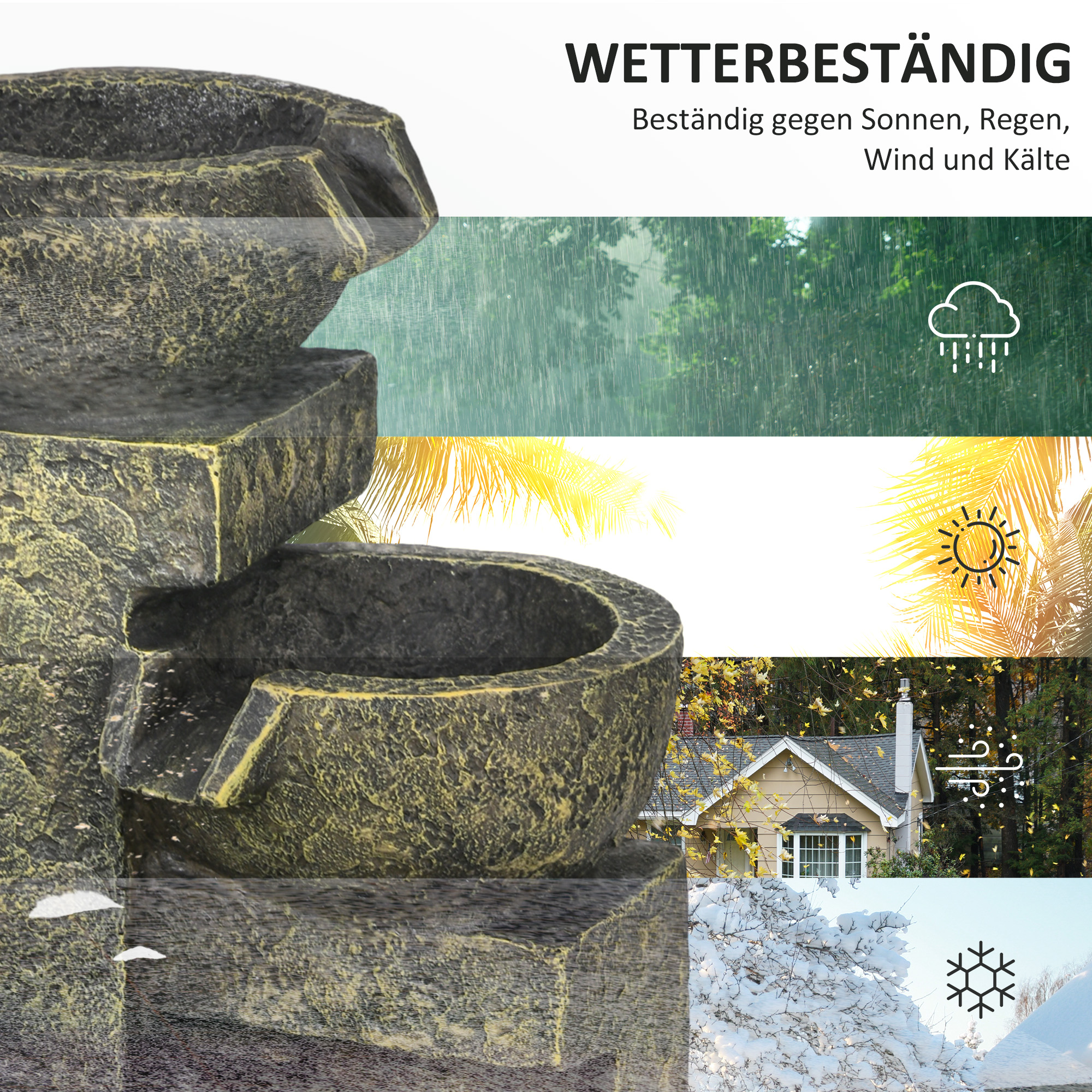 Gartenbrunnen Wasserbrunnen Brunnen, verstellbare Geschwindigkeit, 25 x 24 x 60 cm, Schwarz