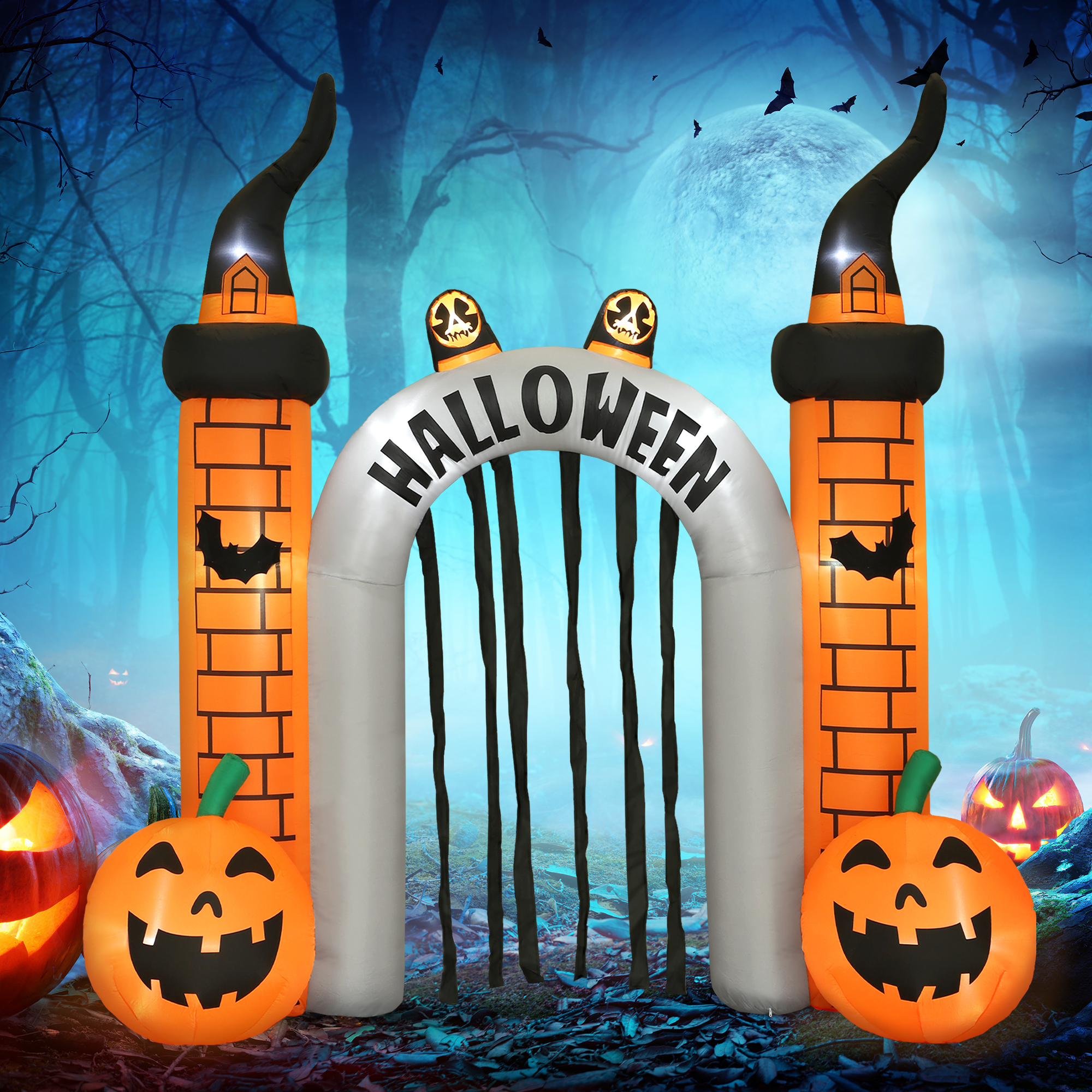 Aufblasbarer Halloween-Torbogen, Kürbis-Design, LEDs, Heringe, Polyester Aufblasbarer Halloween-Torbogen, Kürbis-Design, LEDs, Heringe, Polyester
