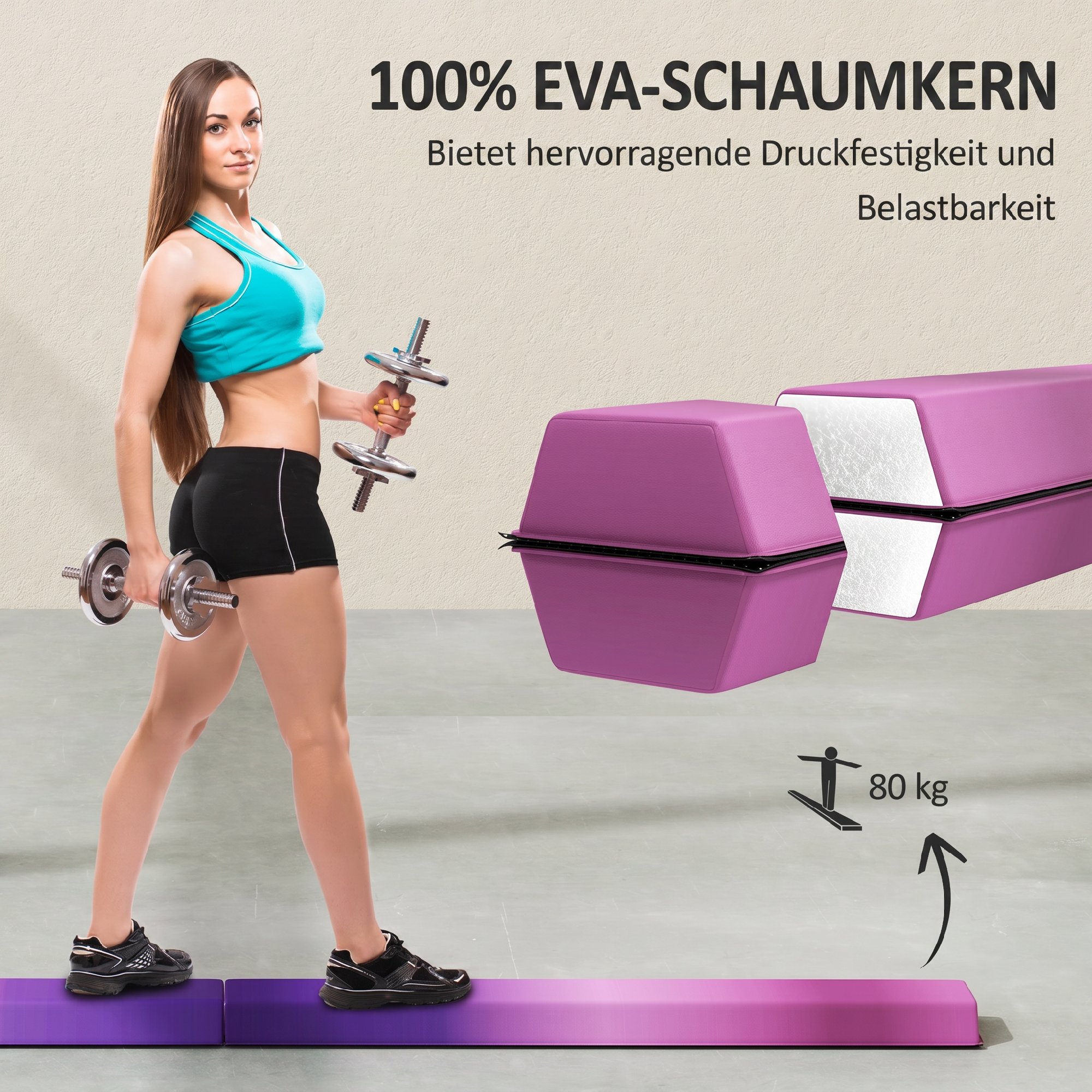 Schwebebalken 236 cm, faltbar, rutschfester Boden, für 3+ Jahre, bis 80 kg, Violett+Rosa