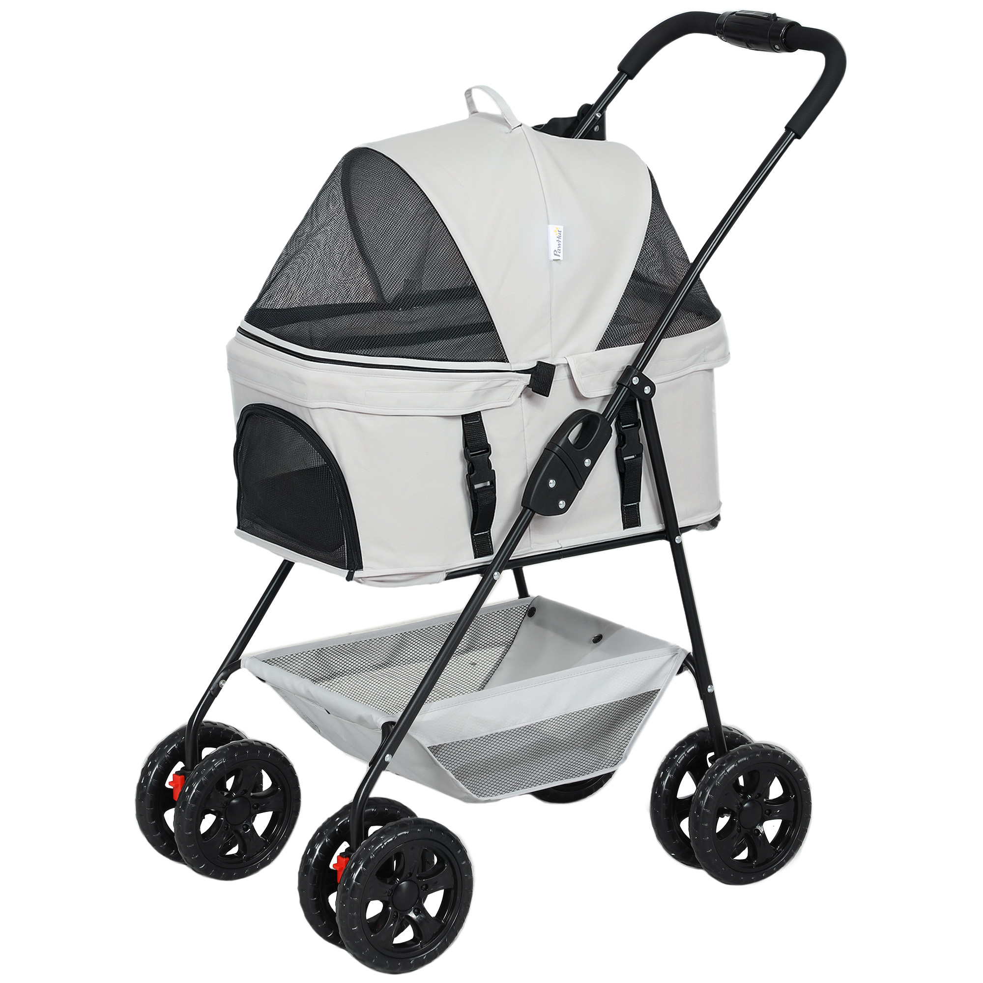 3-in-1-Haustierkinderwagen, zusammenklappbarer Hundewagen mit 4 Rädern und abnehmbarer Trage für Hunde und Katzen, Grau