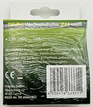 DELPHI Wechsel-Schalter IP44, 250V~/ 10A, inkl. Rahmen, UP, weiß