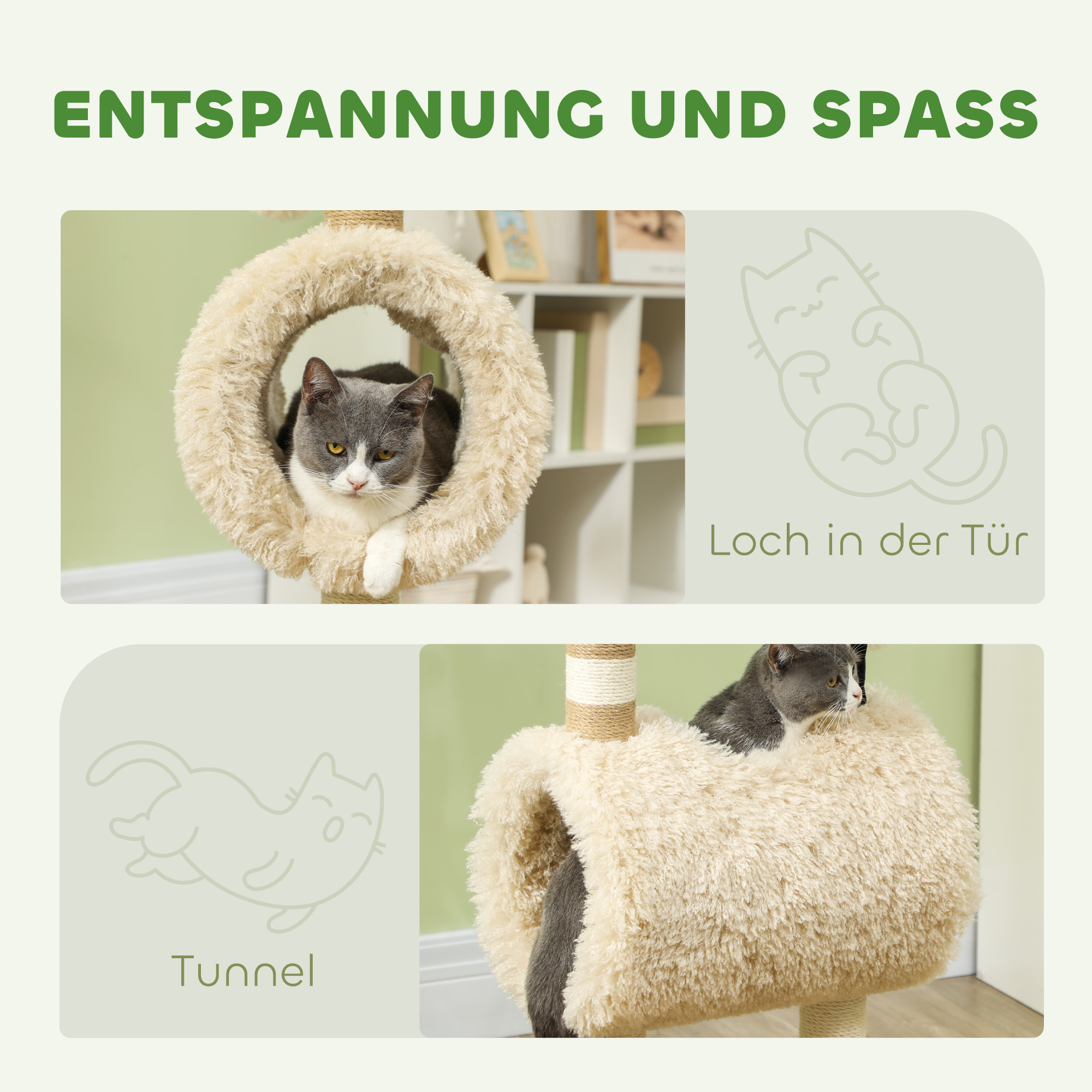 Katzenbaum im Schaf-Design, mit Kratzpfosten, Tunnel und Spielzeug, 98 cm, Hellbraun