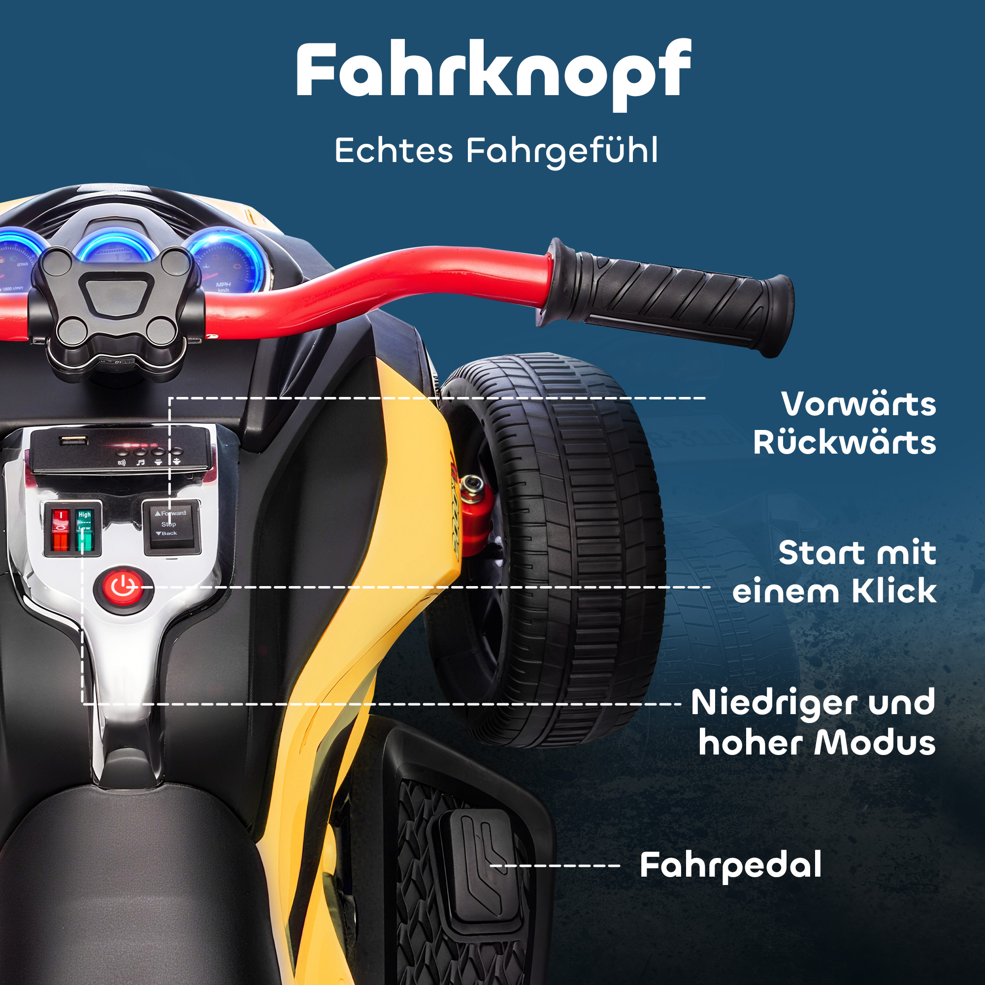 Elektrisches Kinderfahrzeug, Reverse-Dreirad-Design, Batteriebetrieb, MP3-Player, Hupe, 2 Geschwindigkeiten, LED-Lichter, 3-8 Jahre, Gelb