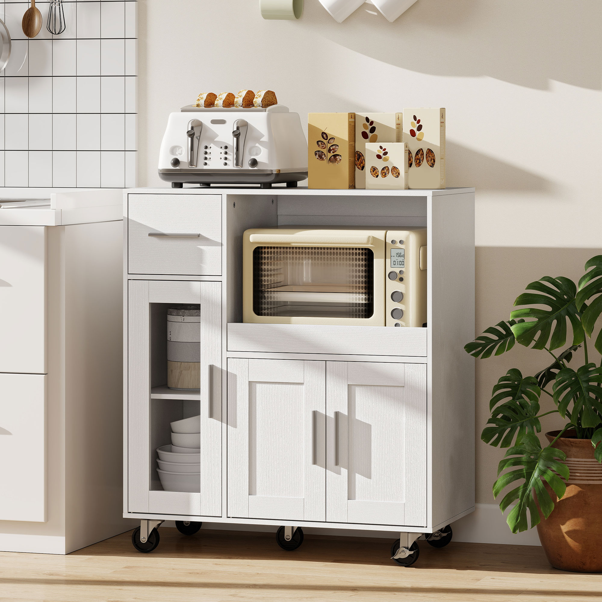 Küchenschrank auf Rädern, Mobile Küchenkommode mit Ablagen, Schubladen, verstellbarem Regal, Kabelloch, Weiß