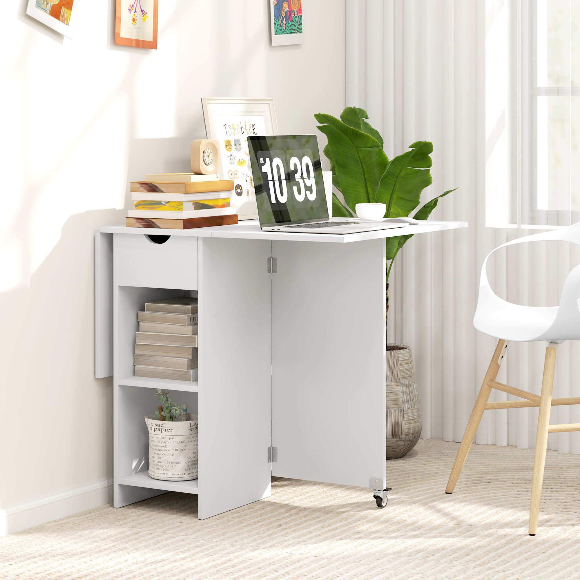 Klappbarer Esstisch für 2-4 Personen, faltbarer Küchentisch mit Stauraum, Ausziehbarer Tisch auf Rädern, Weiß