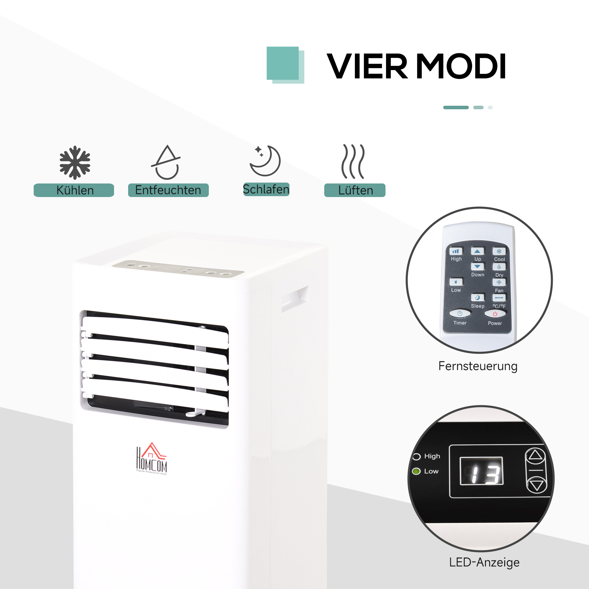 mobile Klimaanlage, 7000BTU 3-in-1 Klimagerät - Kühlen, Entfeuchtung und Ventilation - Luftentfeuchter, Ventilator, mit Fernbedienung 24h Timer, 2 Geschwindigkeitsstufen, für 10-26 m², Weiß