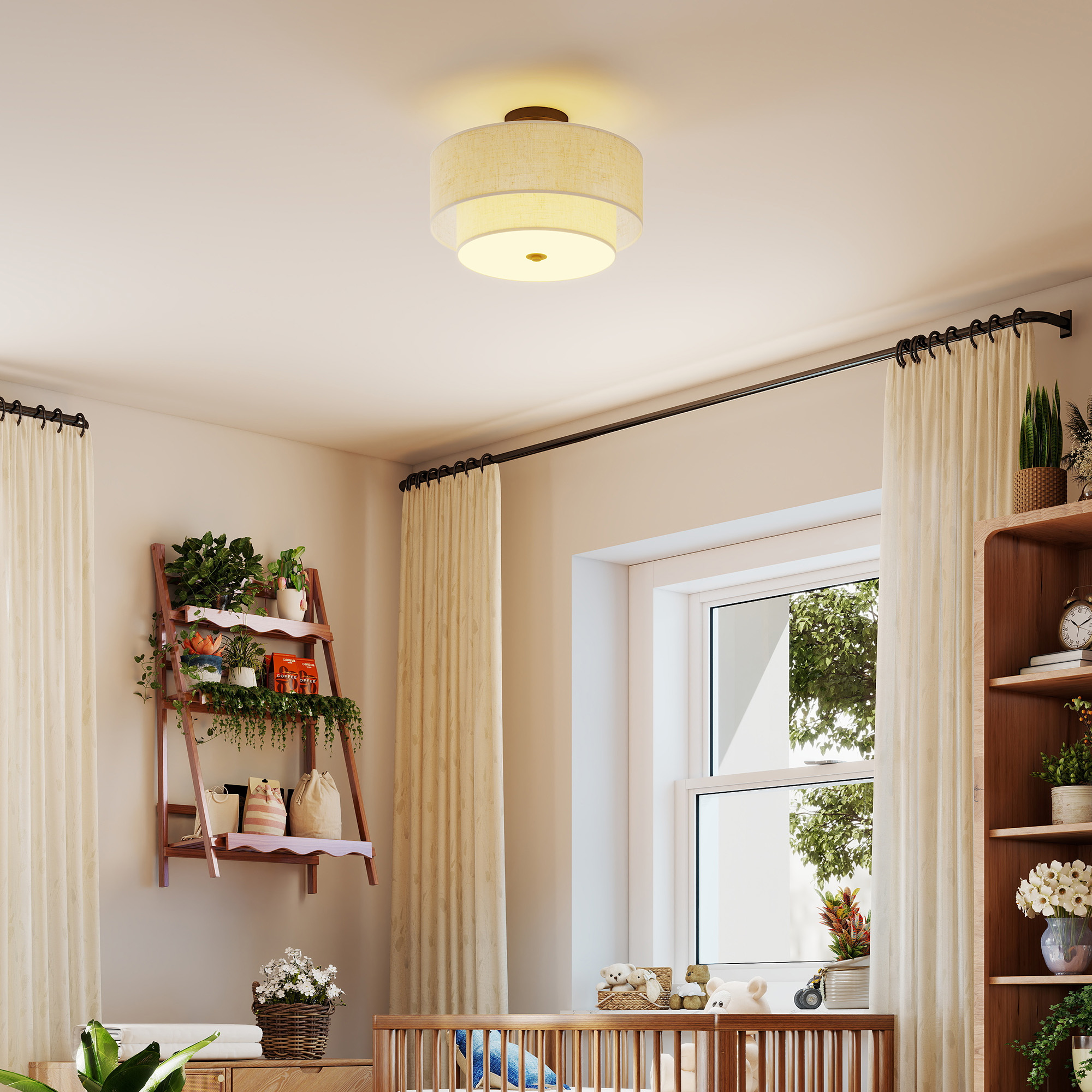 Deckenlampe, Hängeleuchte mit doppelten Schirmen in Leinenoptik, Cremeweiß