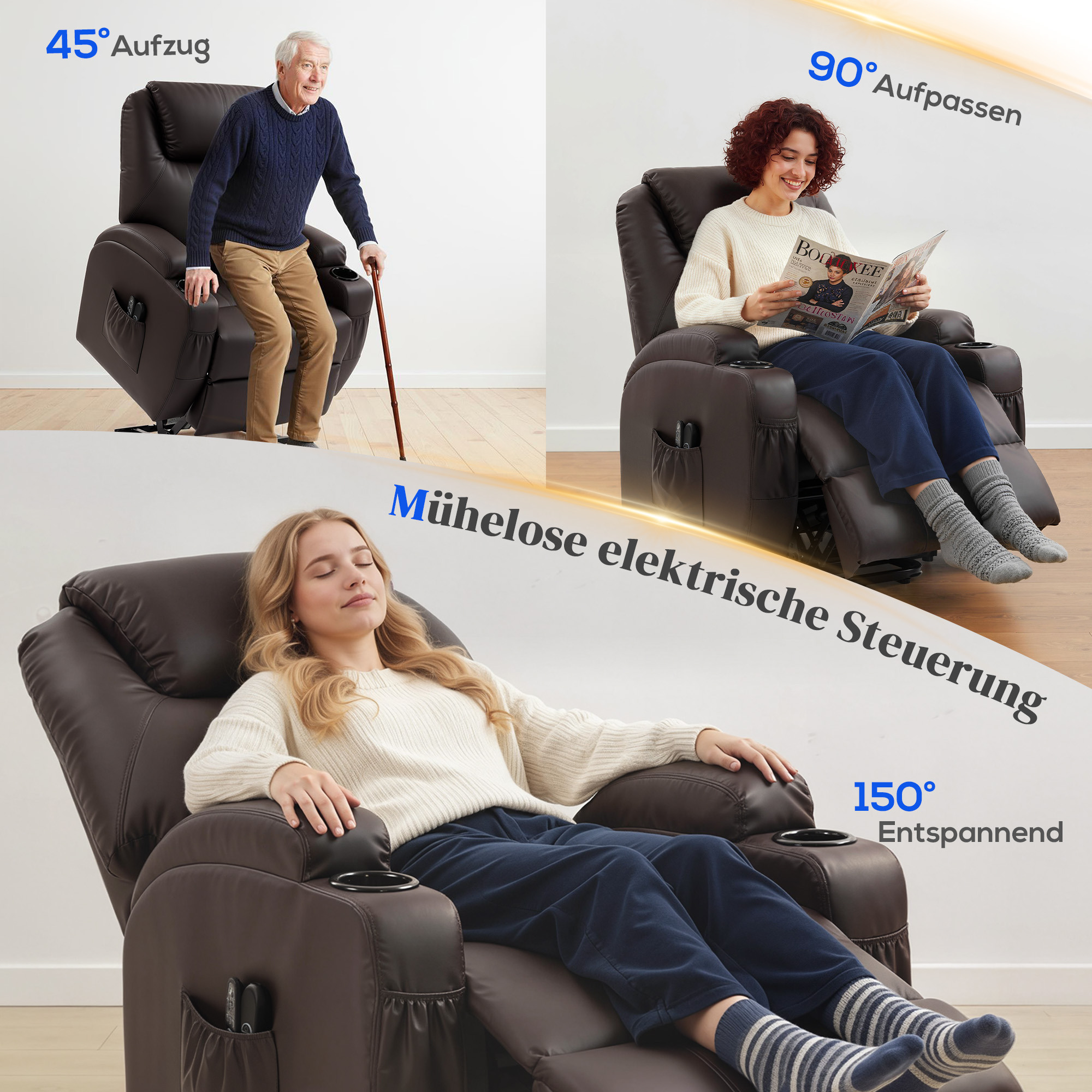 Aufstehsessel, Relaxsessel mit Aufstehhilfe, inkl. Fernbedienung, Becherhalter, verstellbare Rückenlehne, Braun
