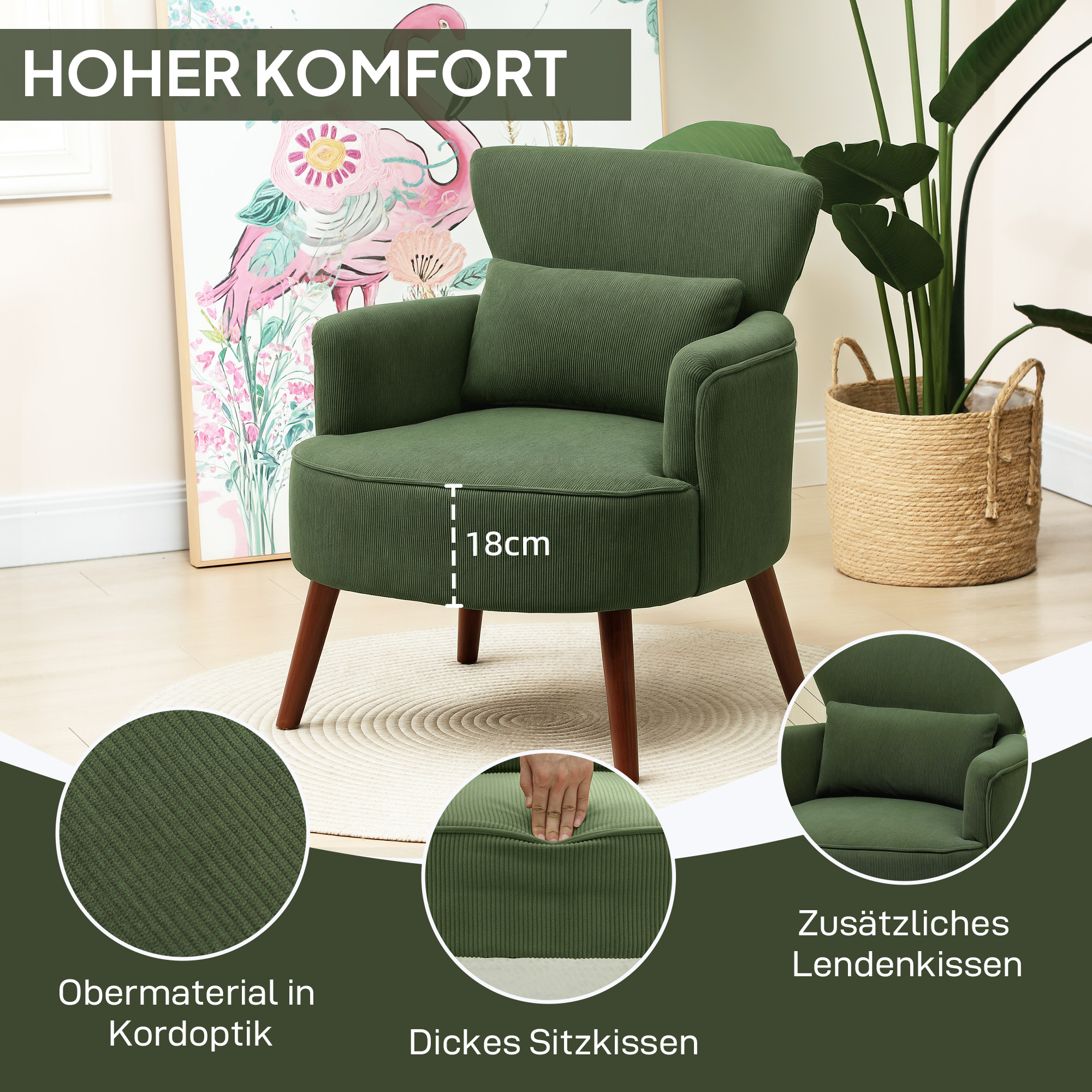 Moderner Armlehnstuhl, Gepolsterter Akzentstuhl mit Lendenkissen, Grün