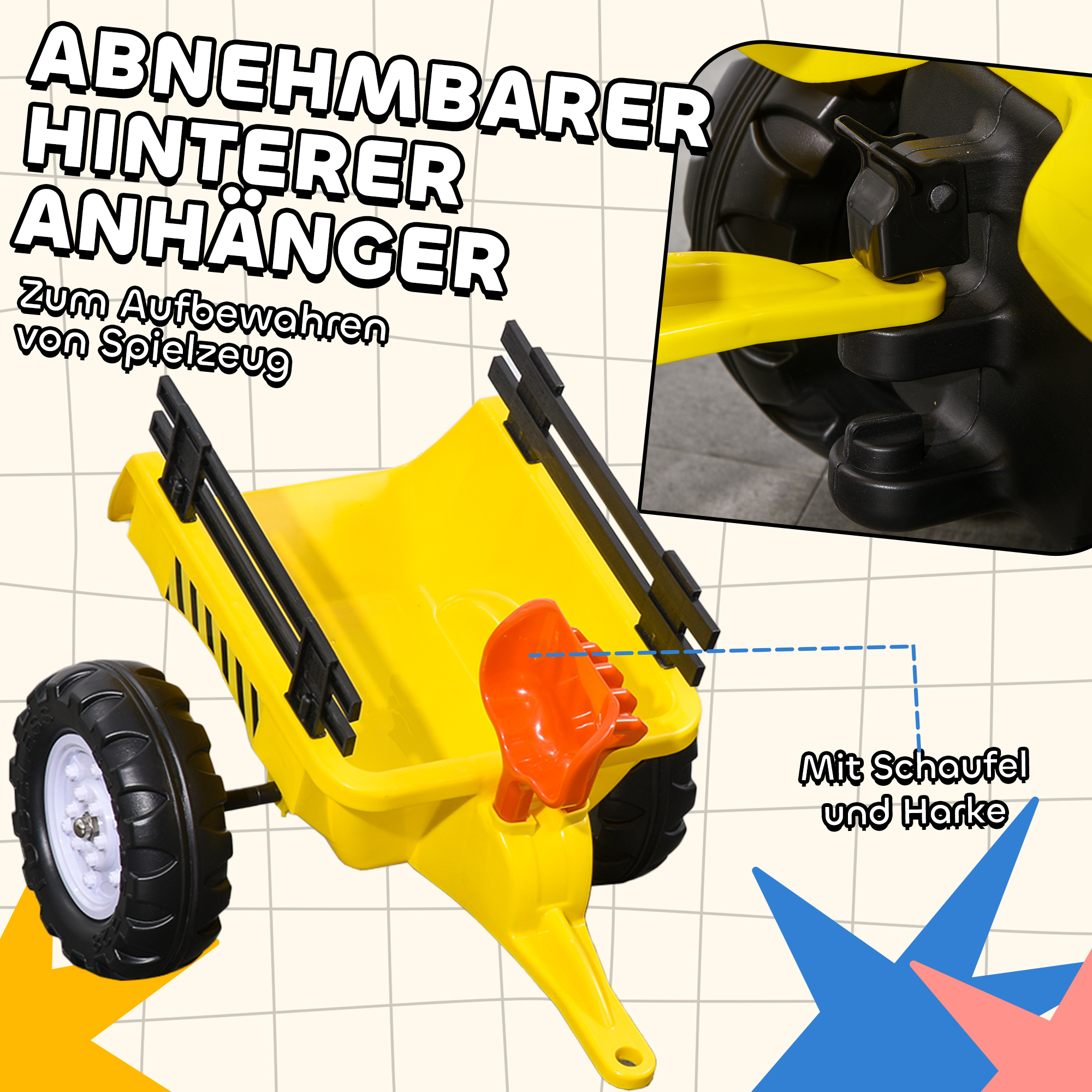 Trettraktor mit Anhänger, Werkzeug, Hupe, für Kinder ab 3 J., Metallrahmen, schwarz-gelb, 133 x 42 x 51 cm