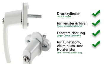 Abschließbarer Fenstergriff, weiß / 2 Schrauben, 2 Schlüssel