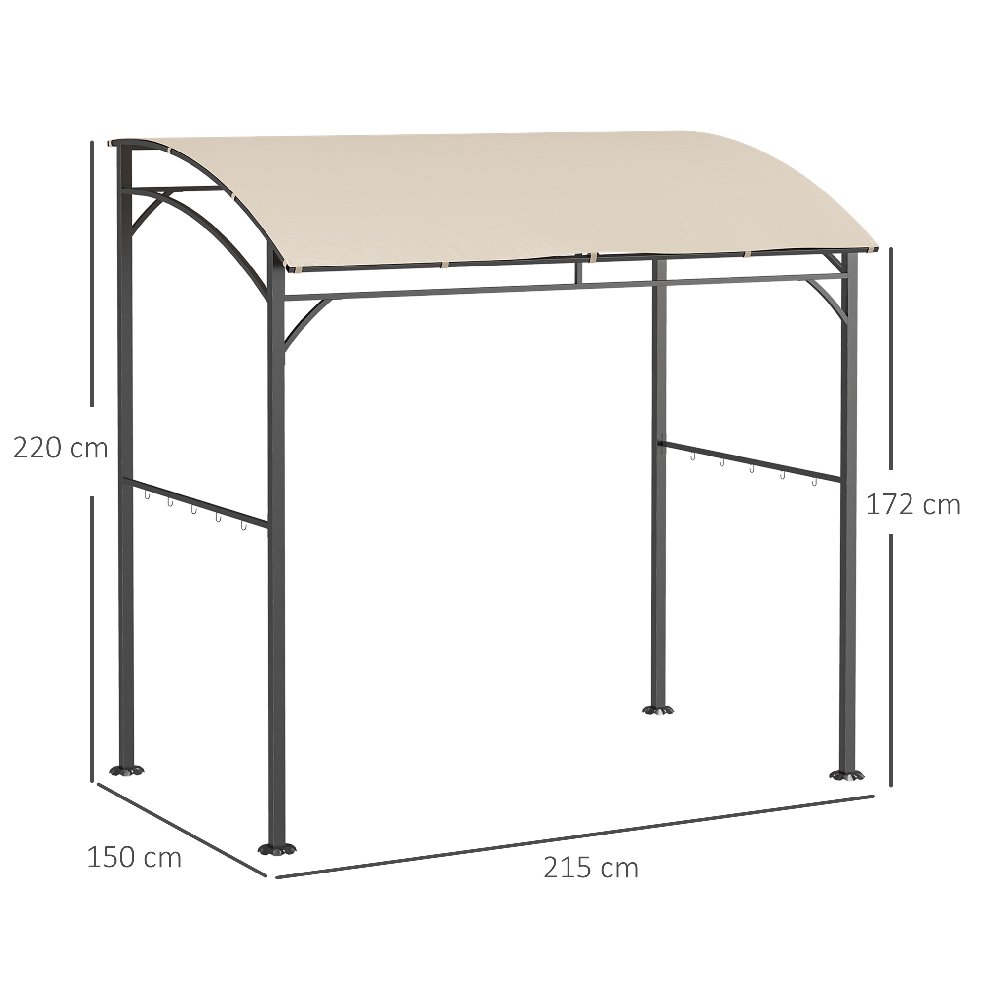 Grillpavillon, Grillüberdachung, Regenschutz, Haken für Utensilien, Stahlrahmen, Beige+Schwarz, 215 x 150 x 182/220 cm