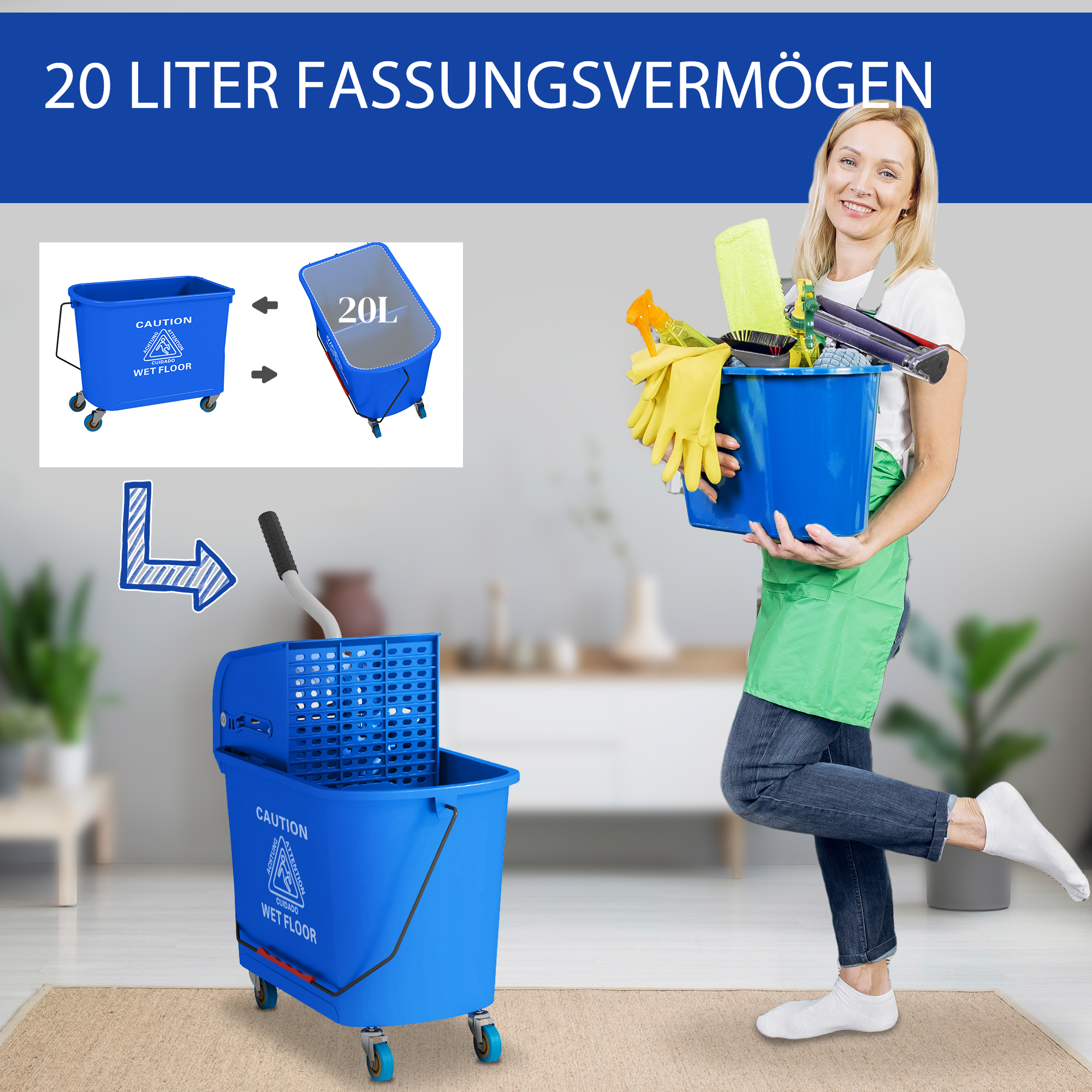 20l Mopp-Eimer mit Auswringer und Griff, Wischmopp-Eimer auf Rädern, Kunststoff, Blau