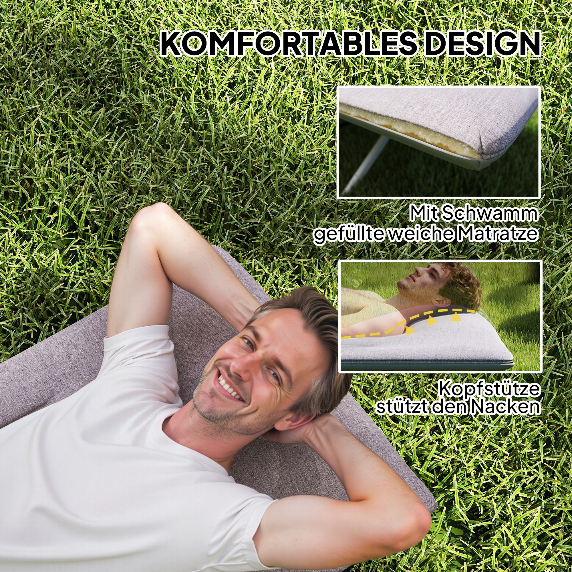 Feldbett, Campingbett, klappbar, weich, bis 200 kg, rostfreies Metallgestell, 200x65x42cm, Grau