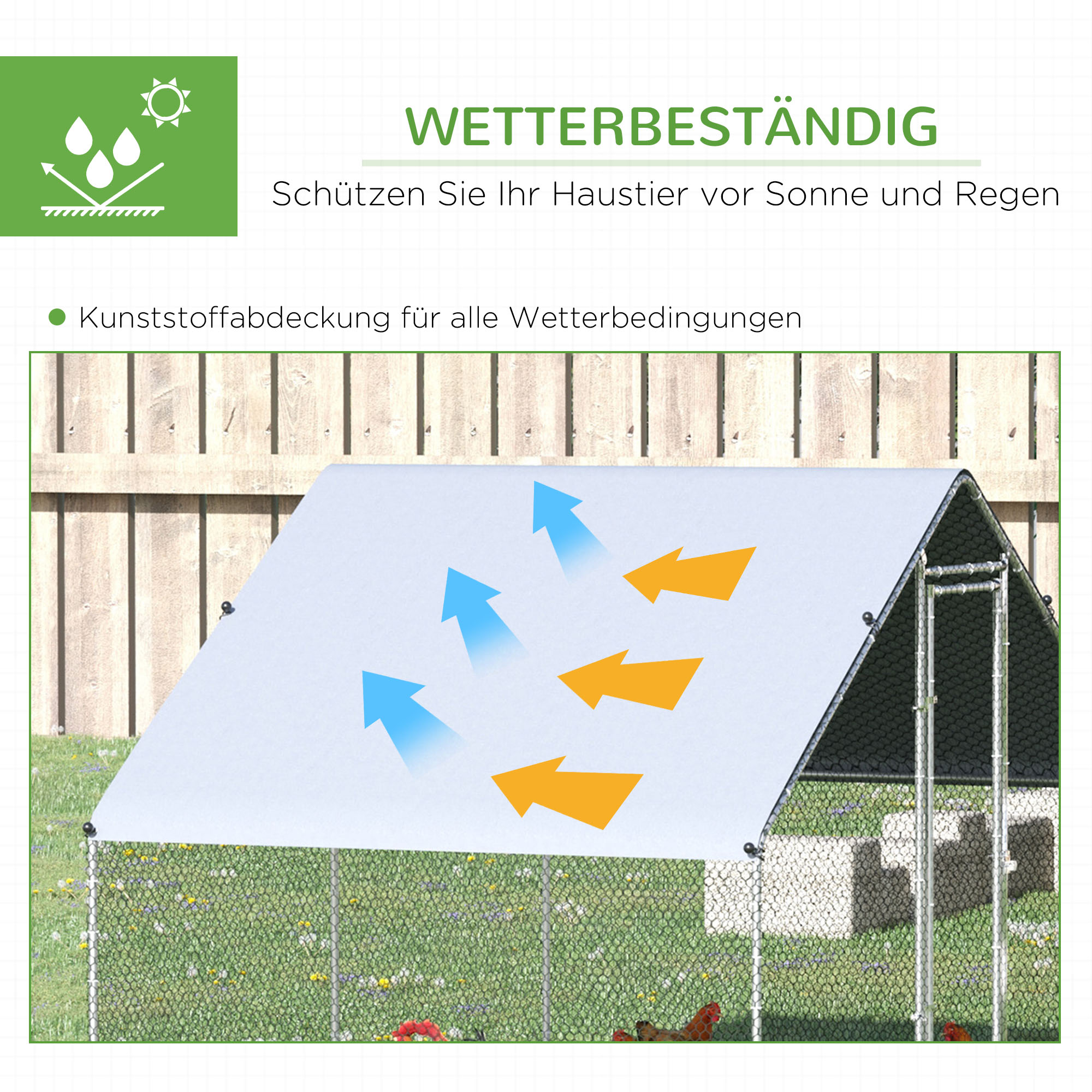 Hühnerstall, Freilaufgehege, Geflügelstall mit Schattendach, Freigehege für 4-6 Hühner, Enten Kaninchen, 3 x 2 x 2 m