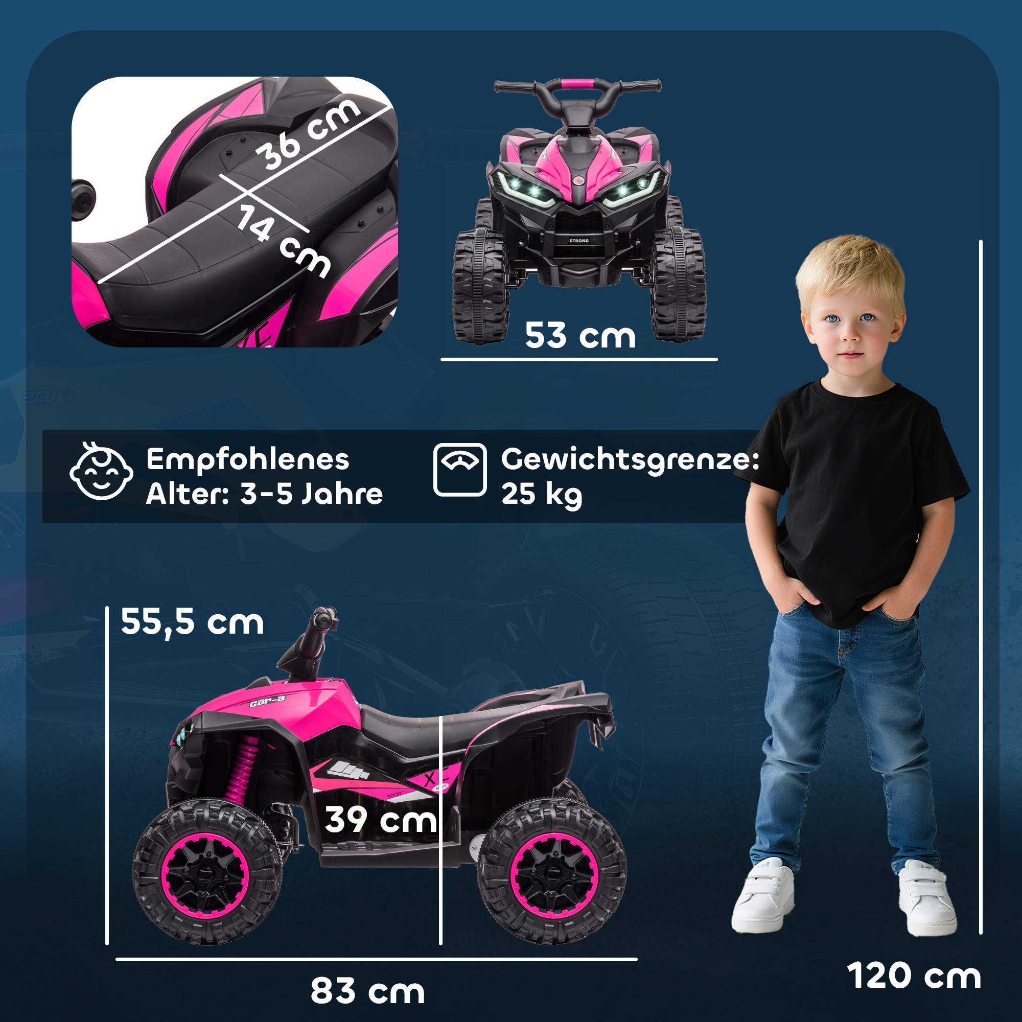 Elektro Kinderquad, 3-6 km/h, Licht/Musik, für 3-5 Jahre, bis 25kg, Rosa/Schwarz