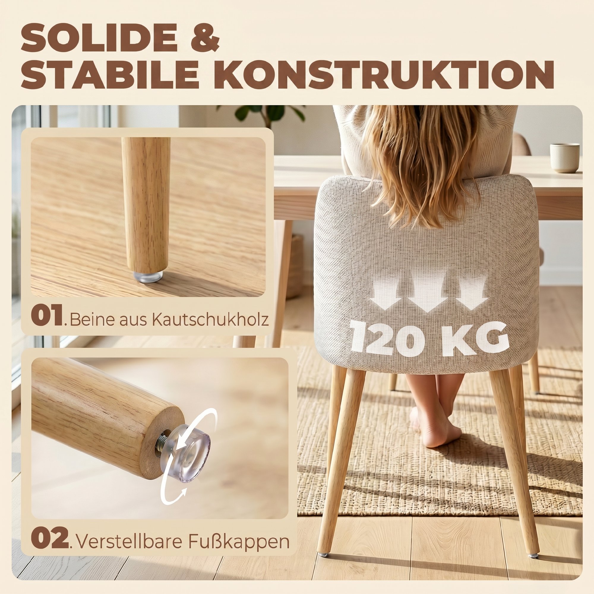 Esszimmerstühle 2er-Set, gepolsterte Küchenstühle mit Leinenoptik, für Esstisch, Wohnzimmer, Cremeweiß