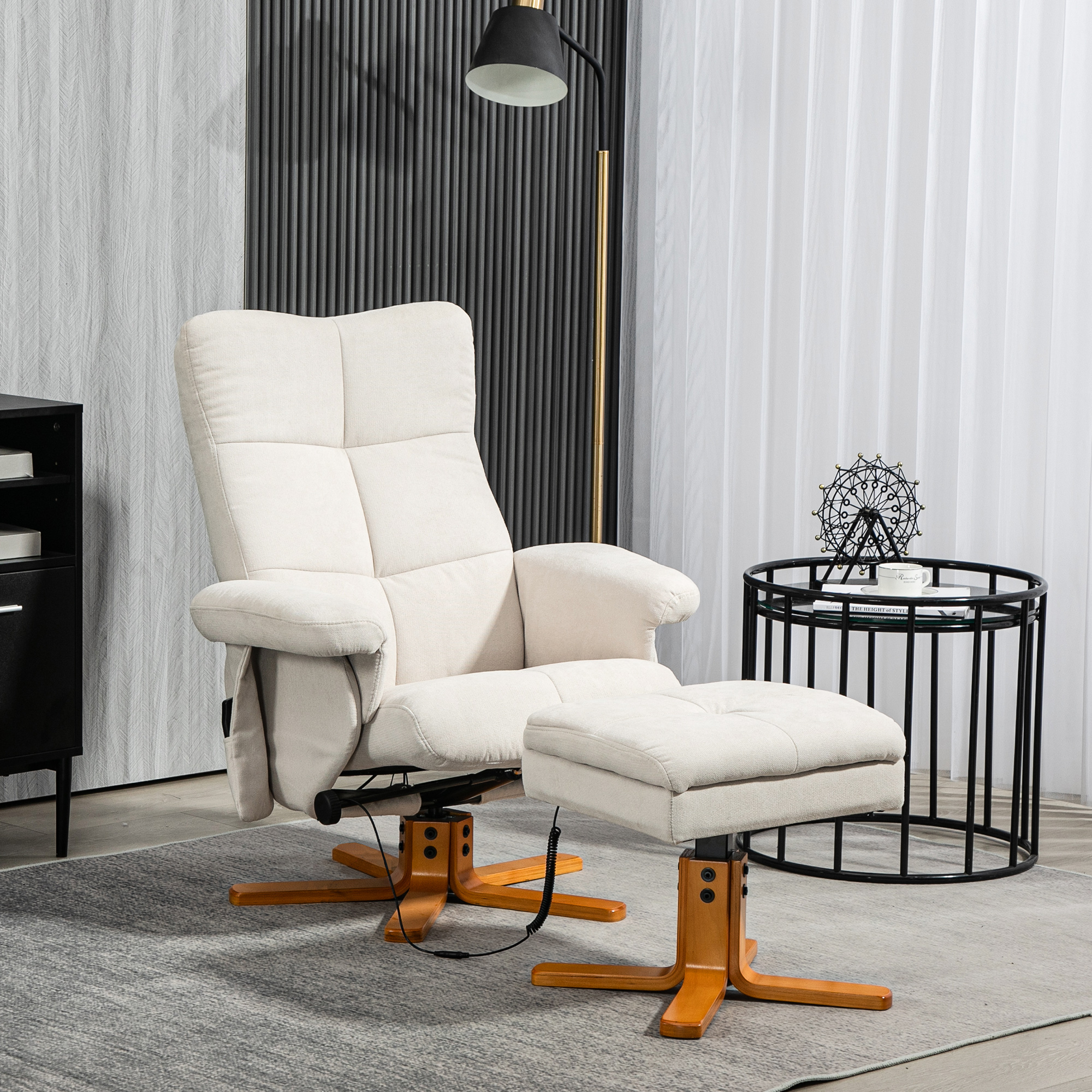 Massagesessel mit Liegefunktion und Fußhocker, 145°-Neigung, Polyester, 80 x 86 x 99 cm, Cremeweiß