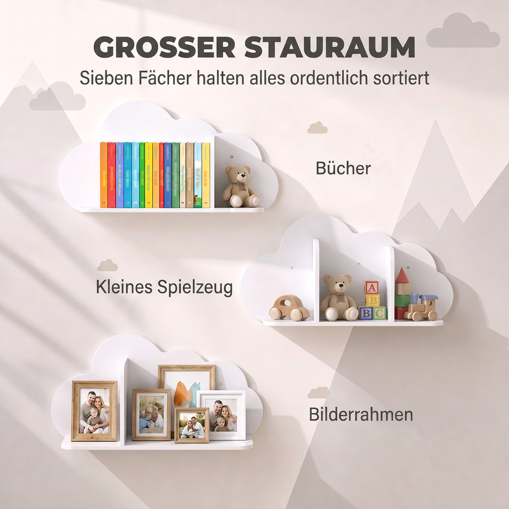 3er Set Wandregal Kinder 60cm Wand Bücherregal im Wolkenform Schwebende Bücherregal Montessori für 3–8 Weiß